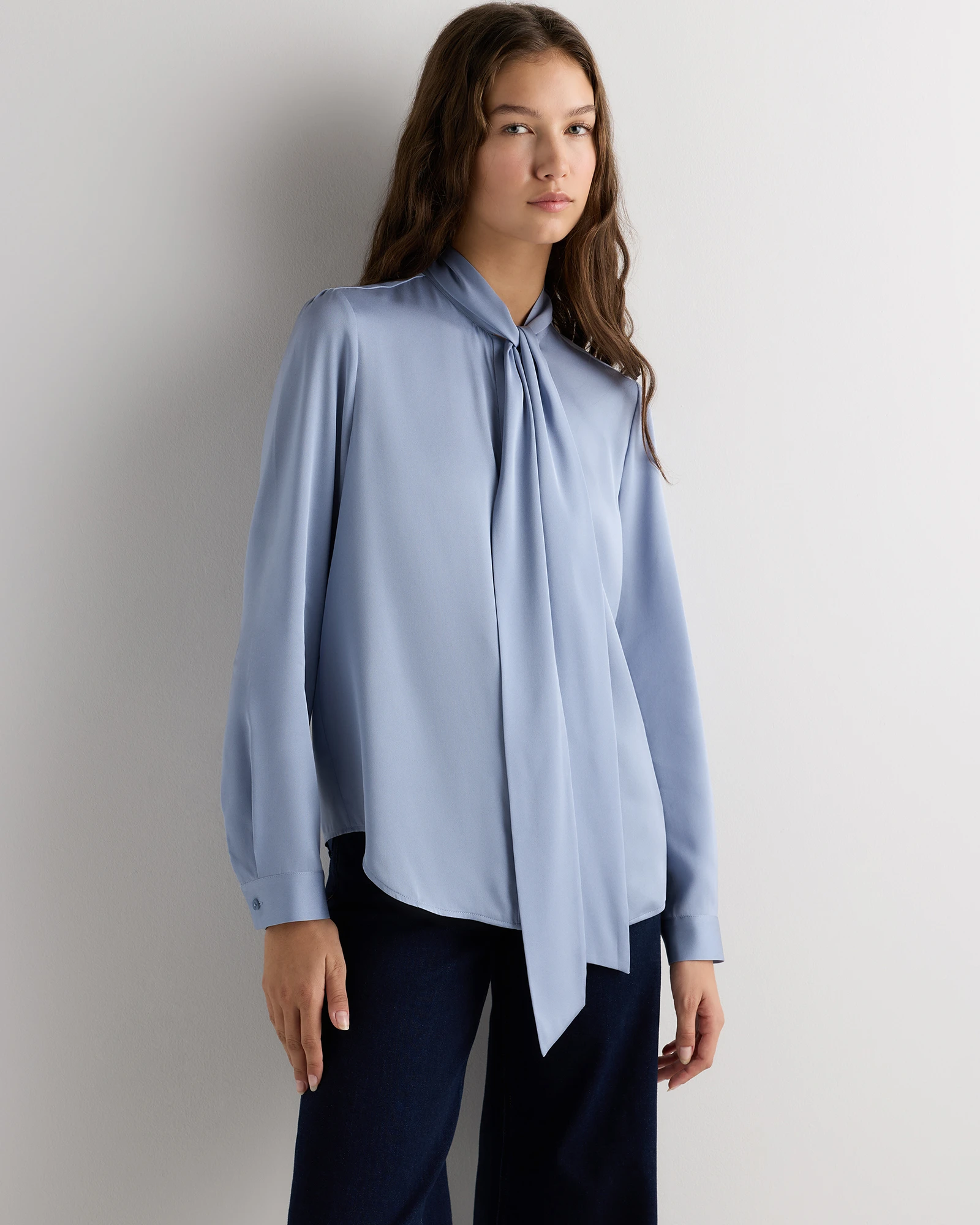 Washable Stretch Silk Tie Neck Blouse