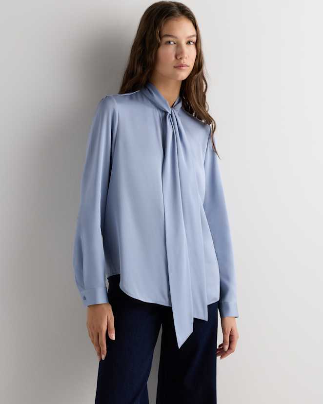 Horizon Blue Washable Stretch Silk Tie Neck Blouse