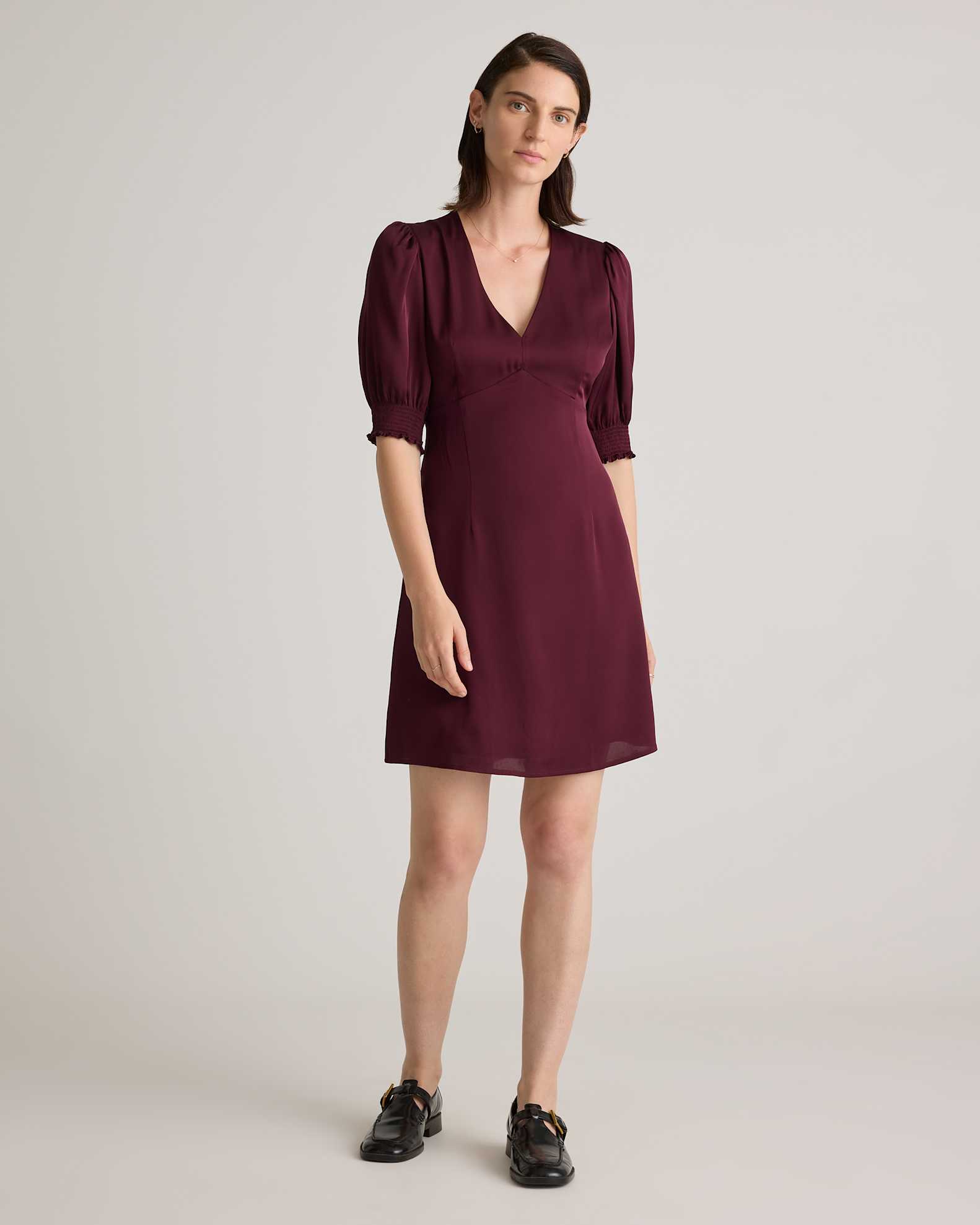 Washable Stretch Silk Puff Sleeve Mini Dress in Wine Tasting Red Washable Stretch Silk Puff Sleeve Mini Dress in Wine Tasting Red