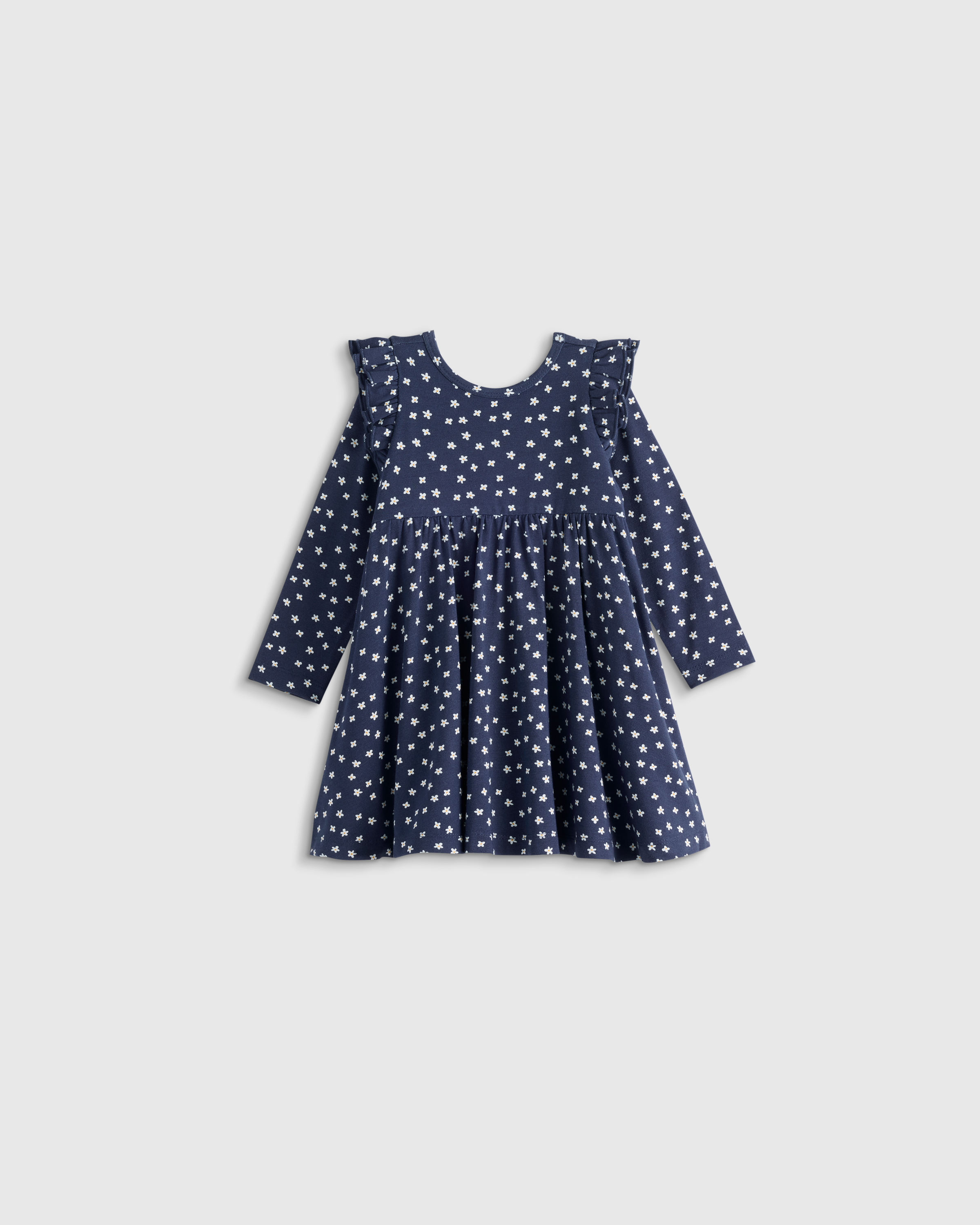 Navy Blossoms Bamboo Long Sleeve Flutter Twirl Dress
