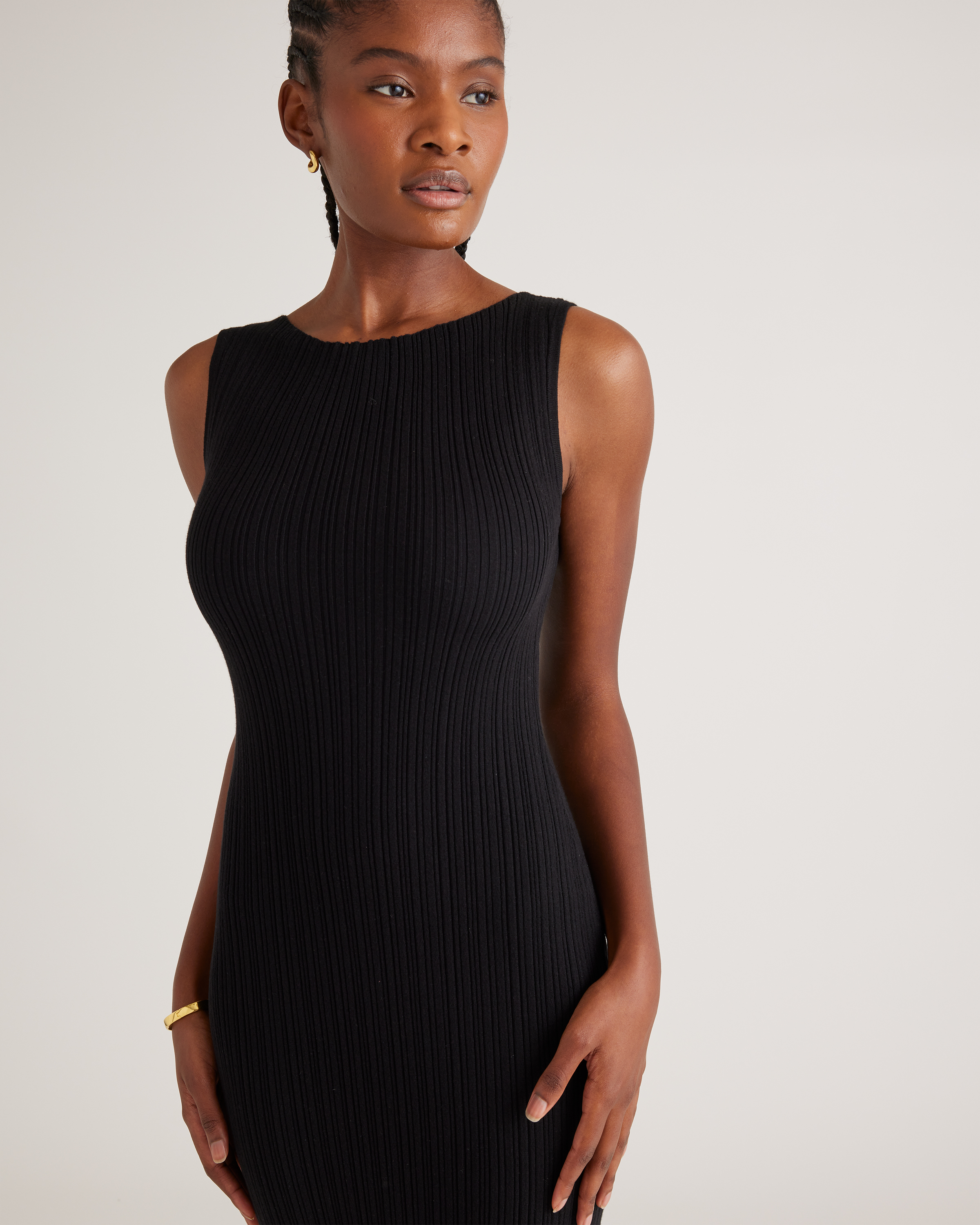 Quince Women's Ribbed Sleeveless Midi Dress in Black, Size Small - Luxurious Cotton Cashmere Blend for Day-to-Night Versatility