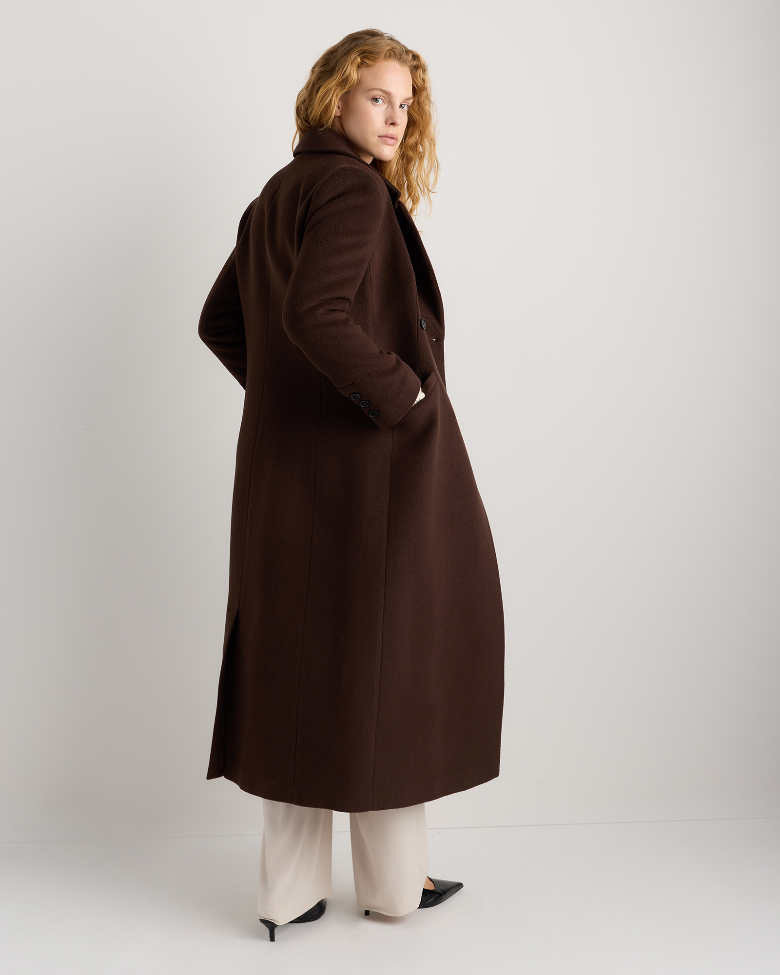 Wool Cashmere Tailored Long Coat in Dark Chocolate