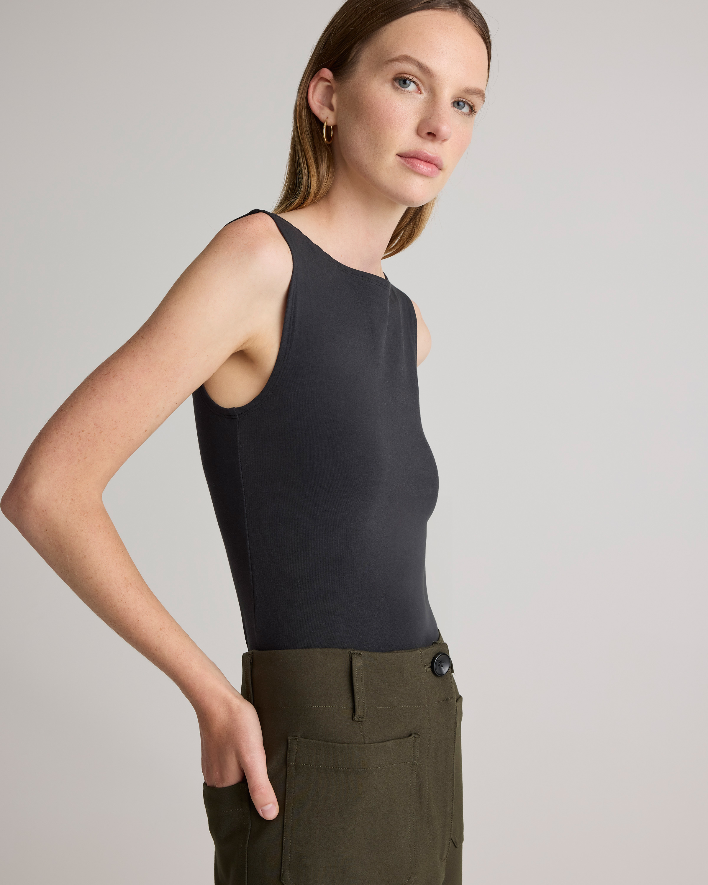 Stretch Cotton Jersey Boat Neck Tank in Black