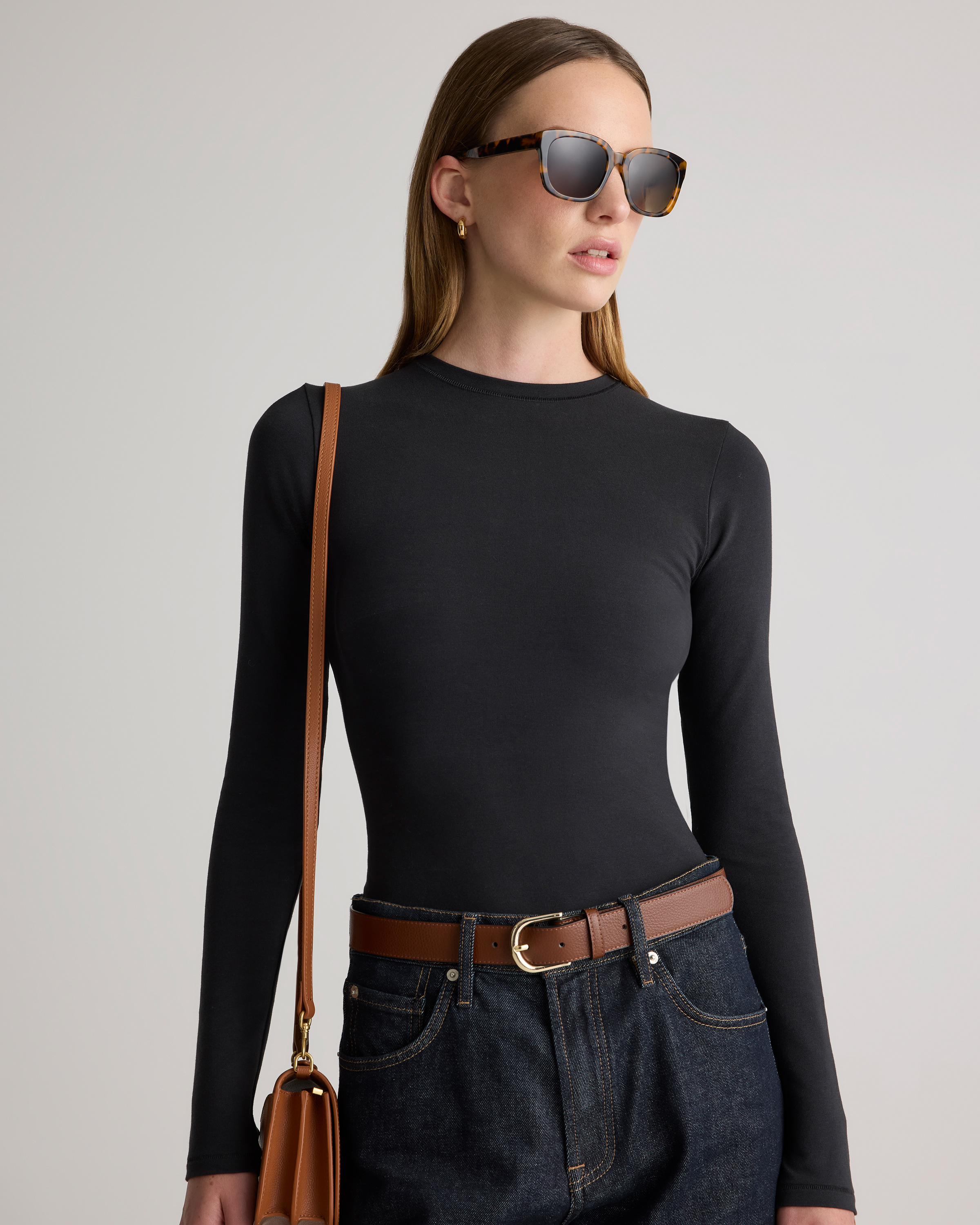 Stretch Cotton Jersey Fitted Long Sleeve T-Shirt in Black