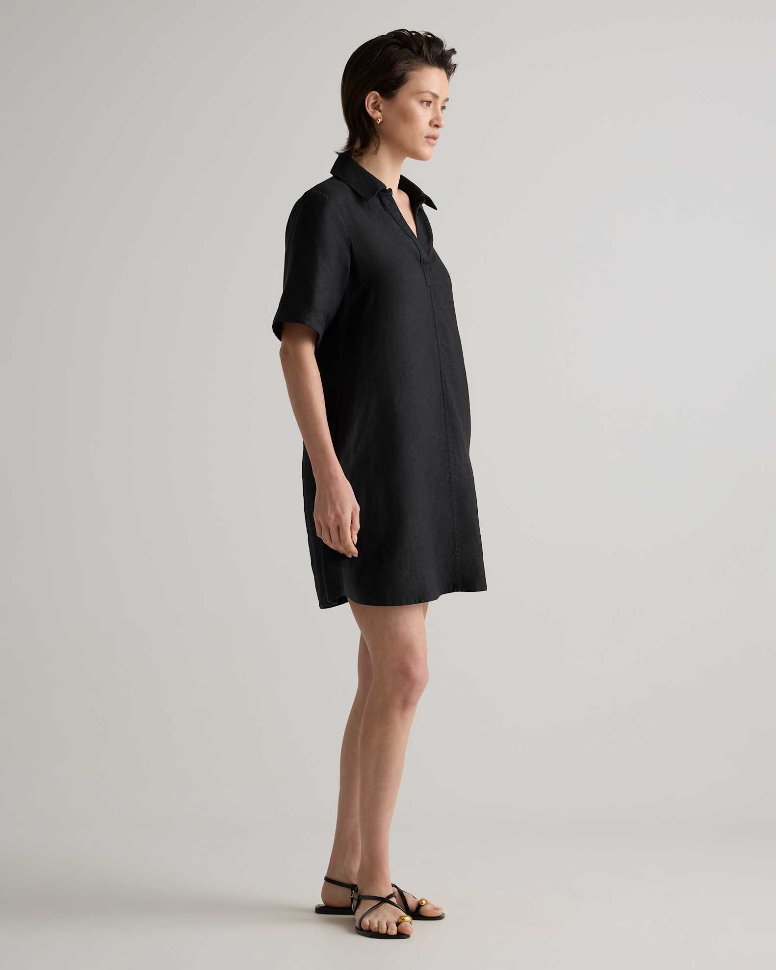 100% European Linen Popover Mini Dress in Black 100% European Linen Popover Mini Dress in Black