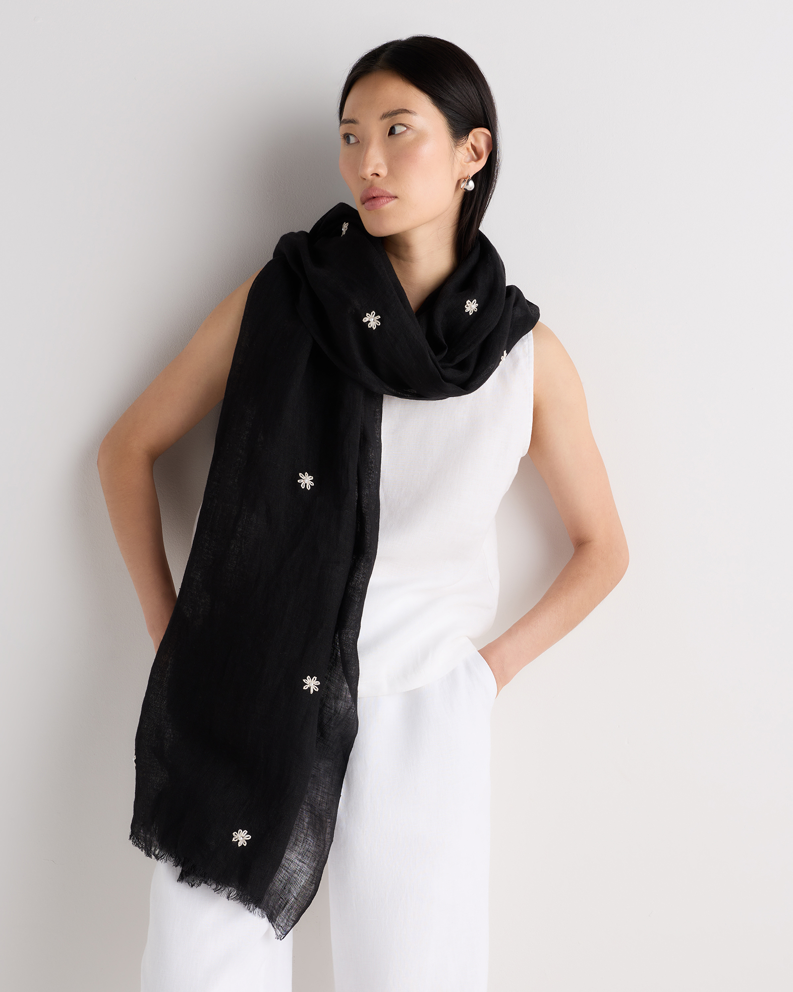 Black 100% European Linen Embroidered Scarf