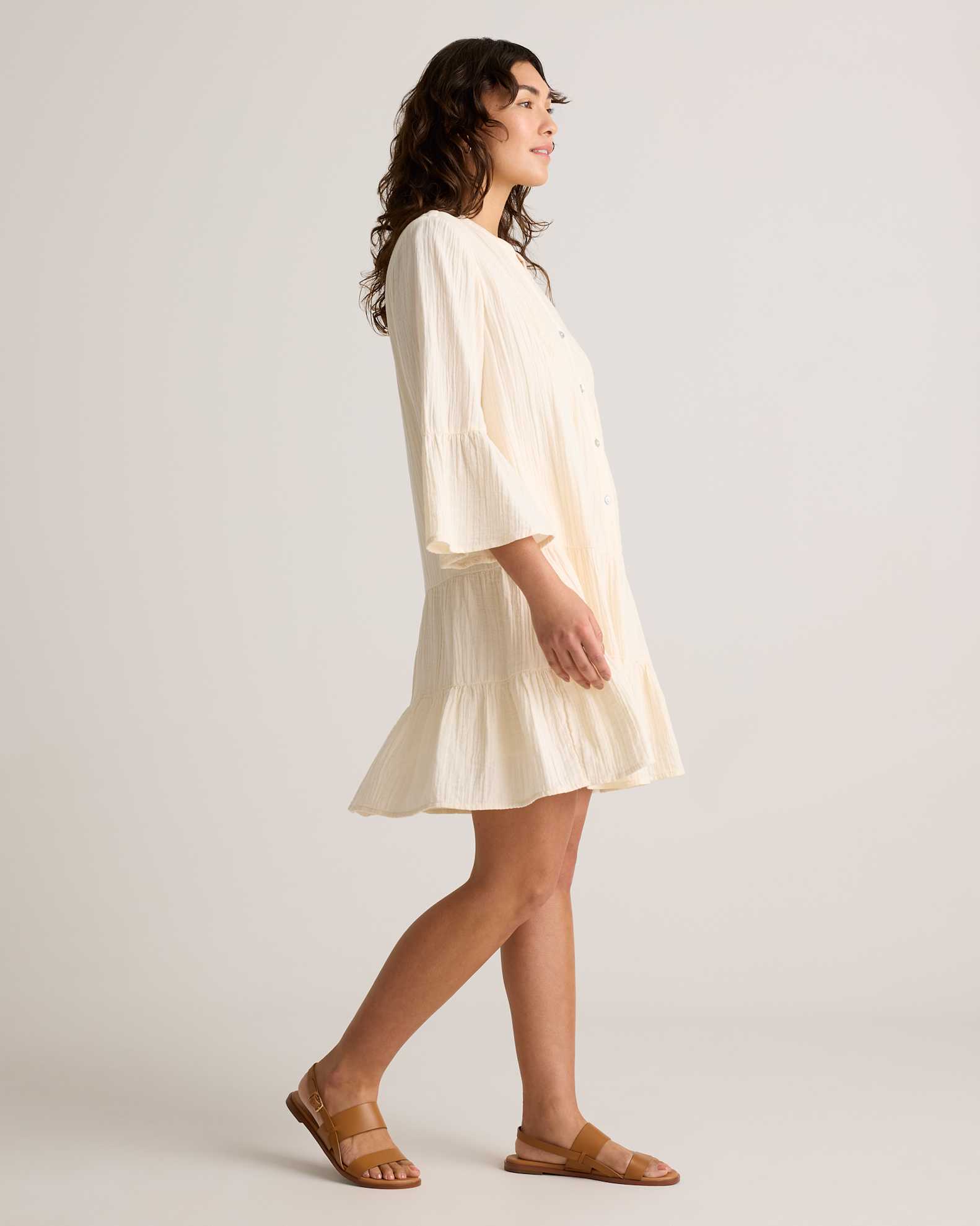 100% Organic Cotton Gauze Long Sleeve Tiered Mini Dress in Vintage