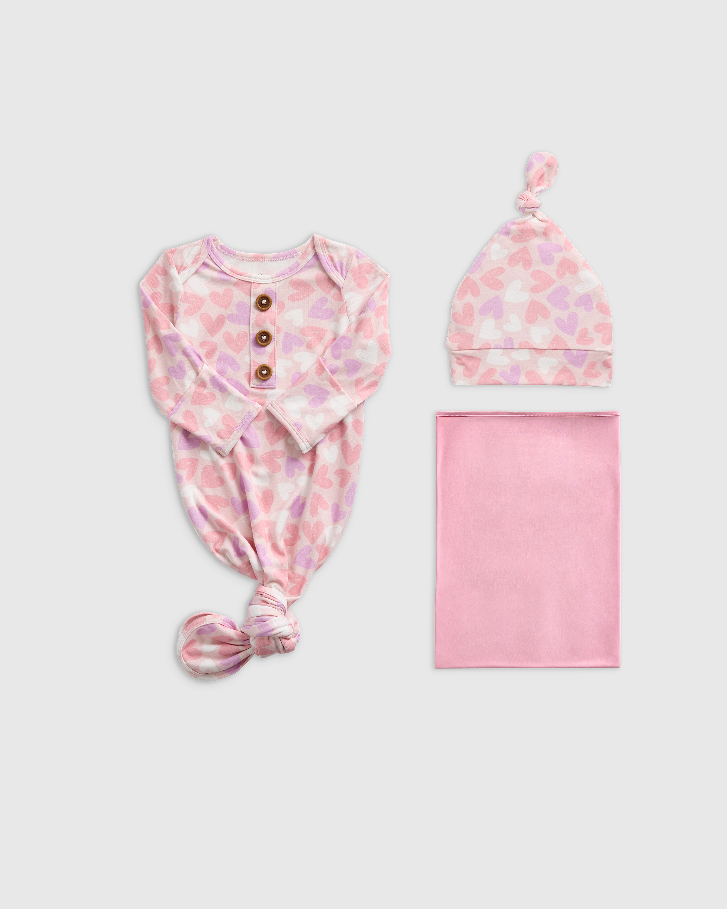 Lavender Hearts Bamboo Gown, Hat & Swaddle Layette Set