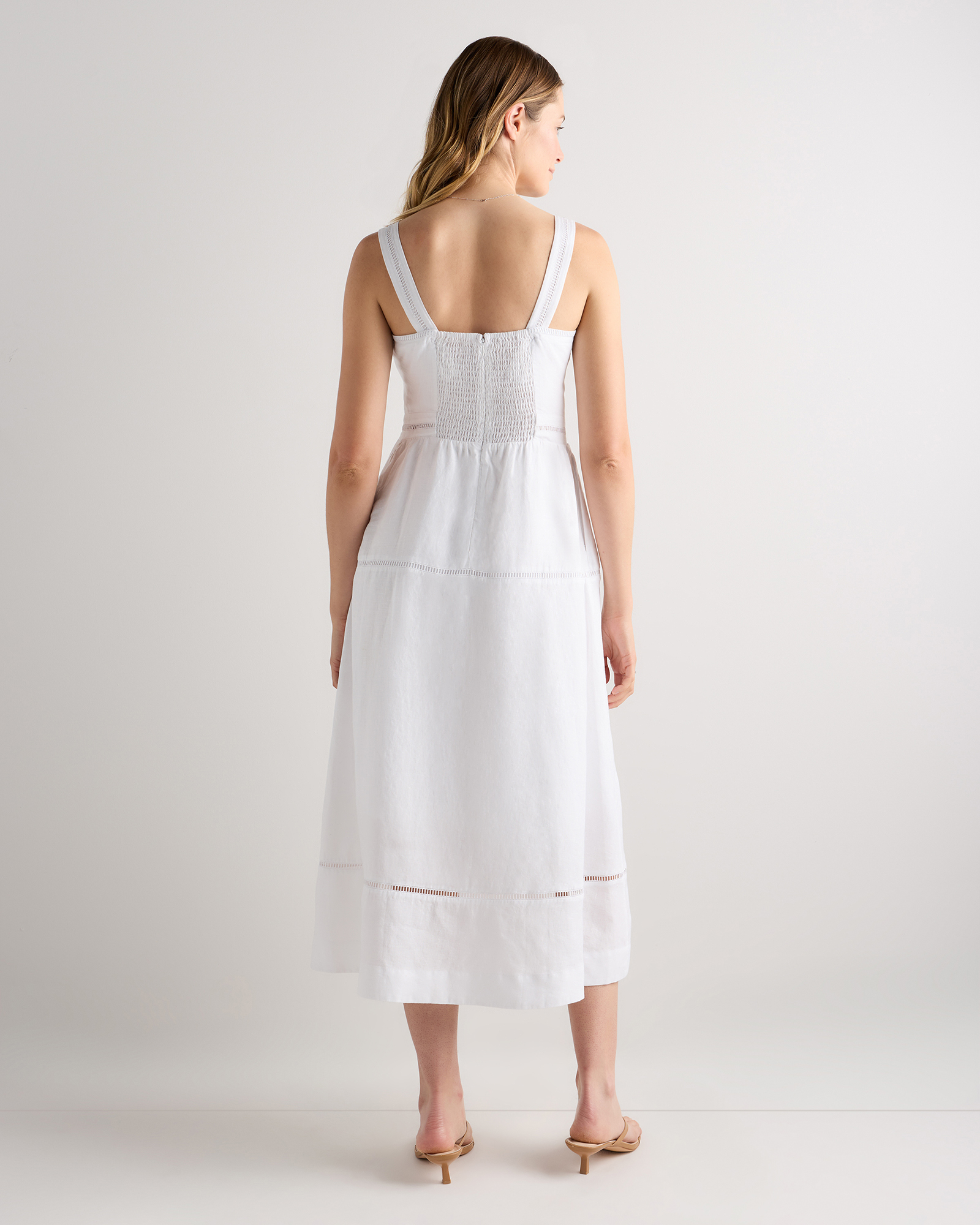 100% European Linen Ladder Stitch Midi Dress in White