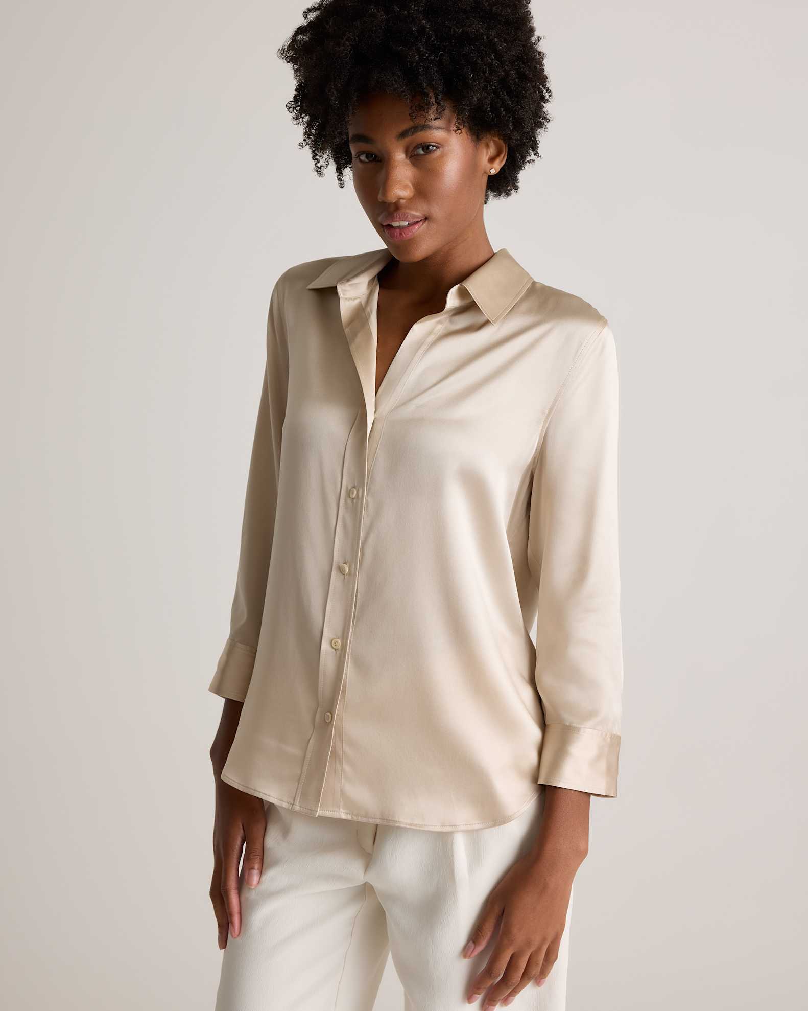 100% Washable Silk Three-Quarter Sleeve Shirt in Champagne 100% Washable Silk Three-Quarter Sleeve Shirt in Champagne