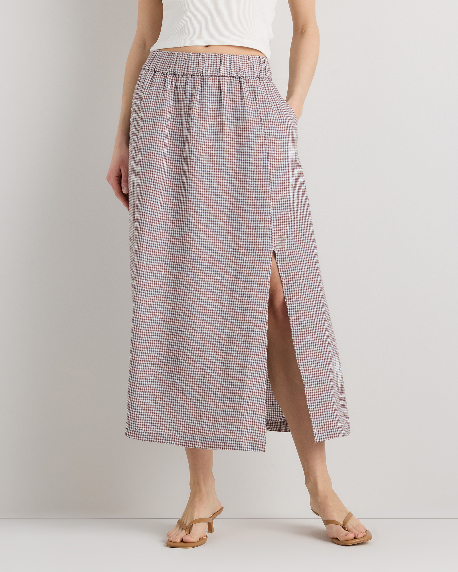 Taupe Brown Gingham 100% European Linen Maxi Skirt