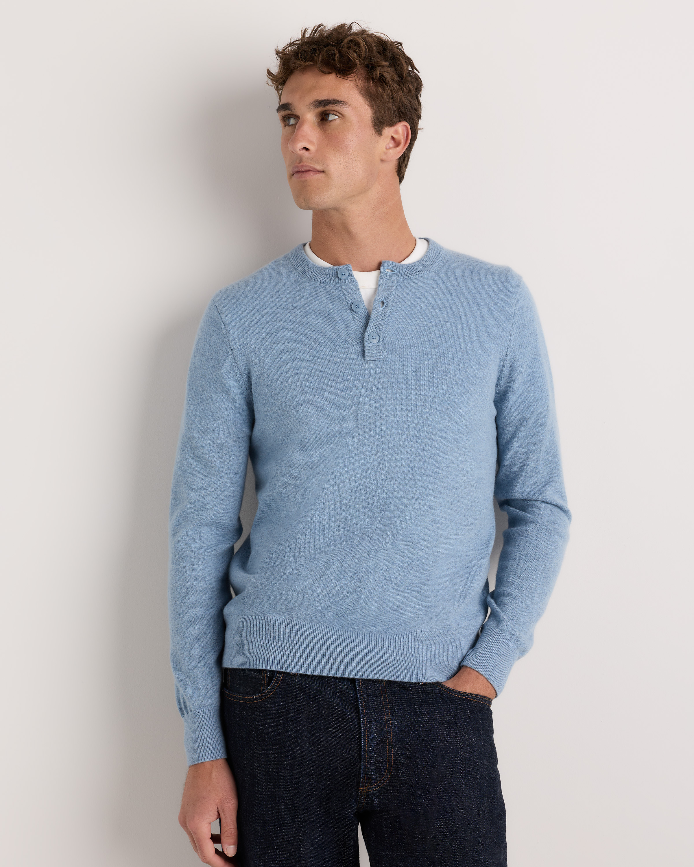 Faded Denim Mongolian Cashmere Henley Sweater
