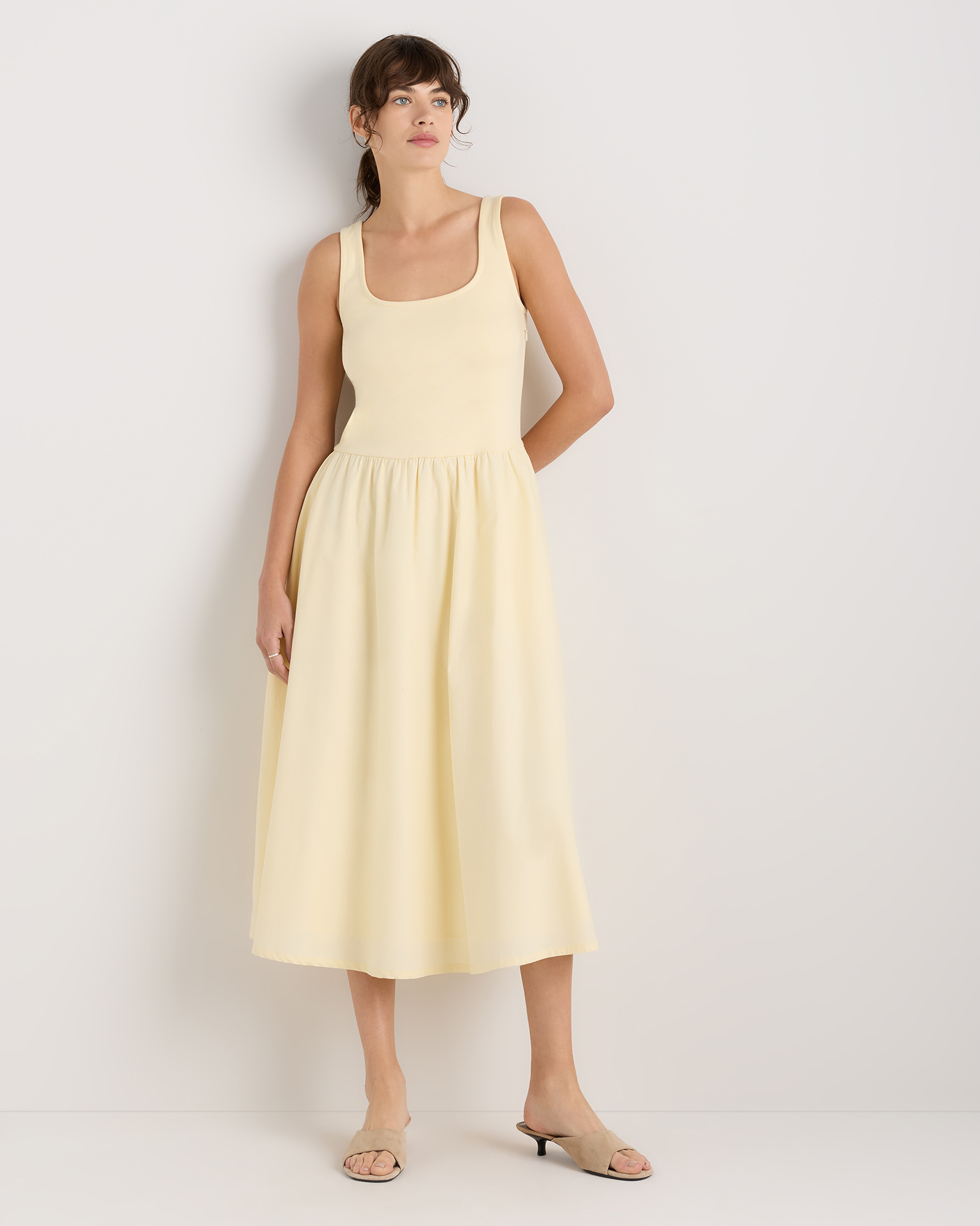 Pale Custard Yellow Cotton Mixed Media Tank Dress