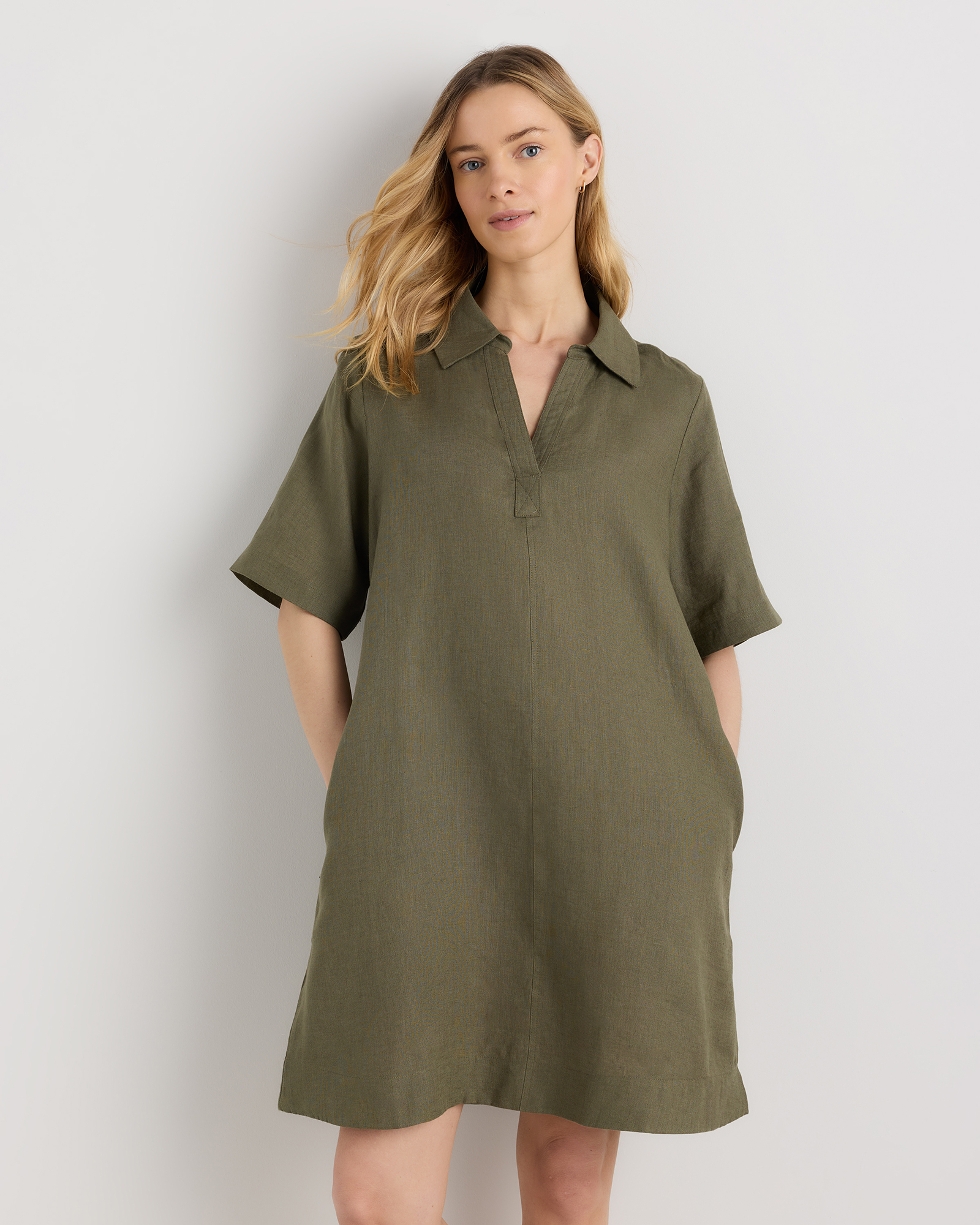 100% European Linen Popover Mini Dress in Deep Navy