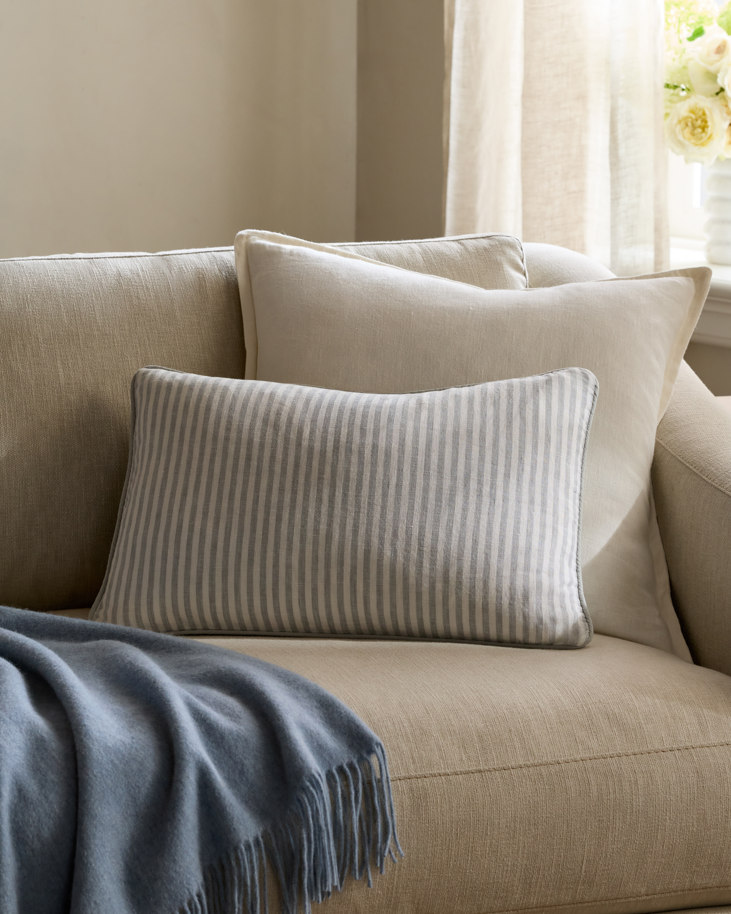 Mist/White Stripe Piped Linen Stripe Pillow Cover