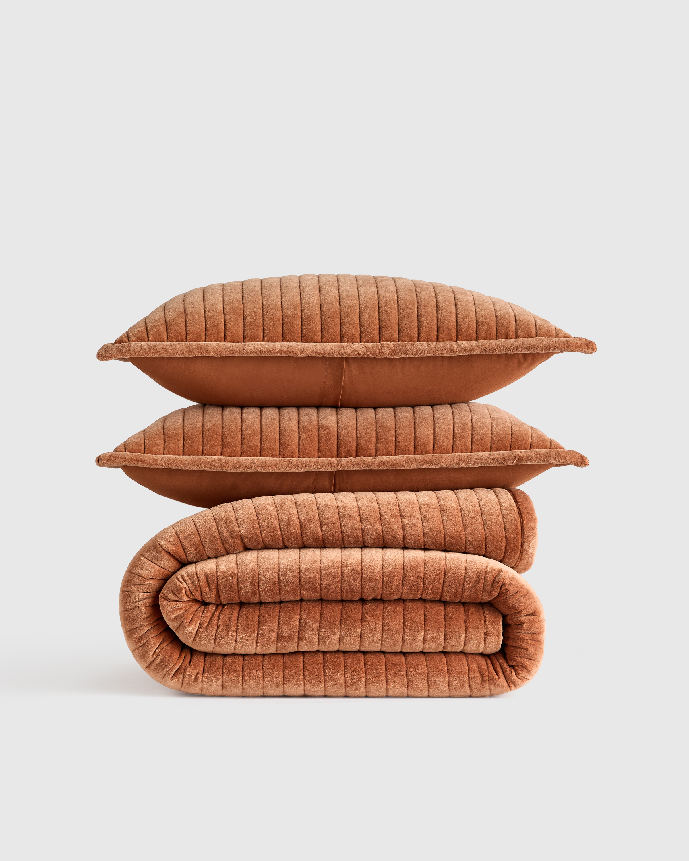Terracotta Cotton Velvet Horizontal Channel Quilt Set