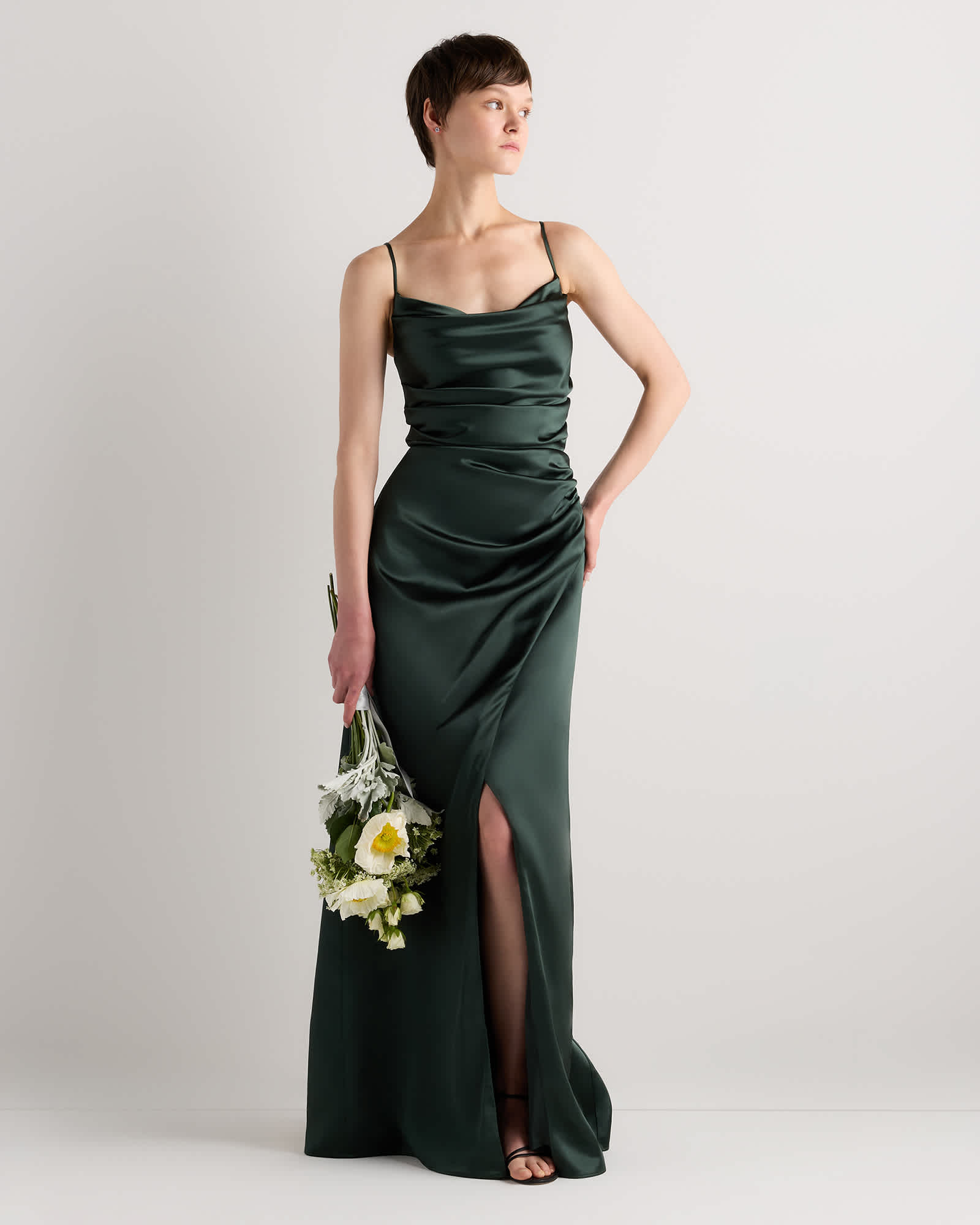 green satin dress Hey Girl Long Cowl Neck Forest 97% Polyester Olive Green Satin Ruffled Lace-Up