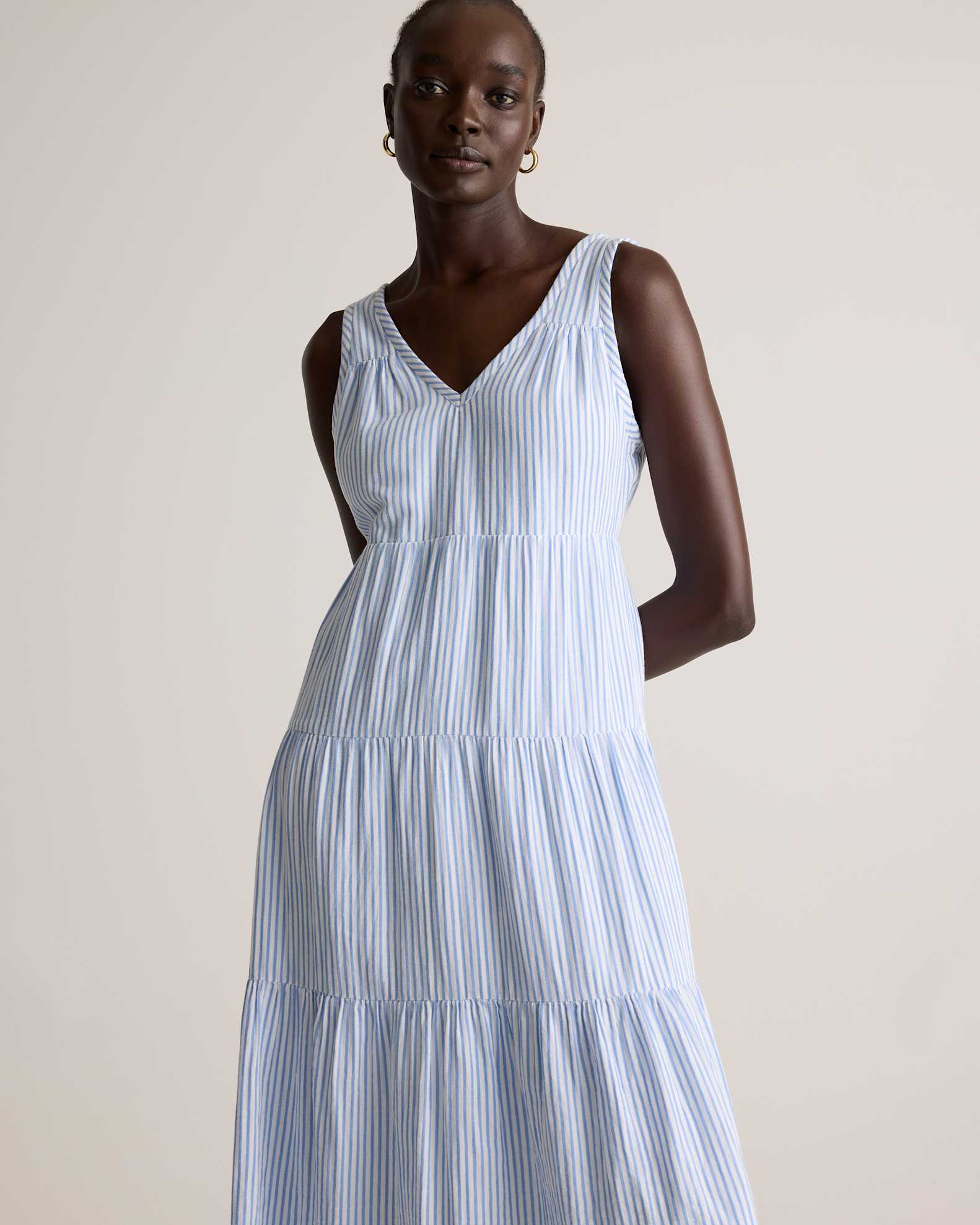 100% Organic Cotton Gauze Tiered Maxi Dress in Bayside Stripe Blue/White 100% Organic Cotton Gauze Tiered Maxi Dress in Bayside Stripe Blue/White