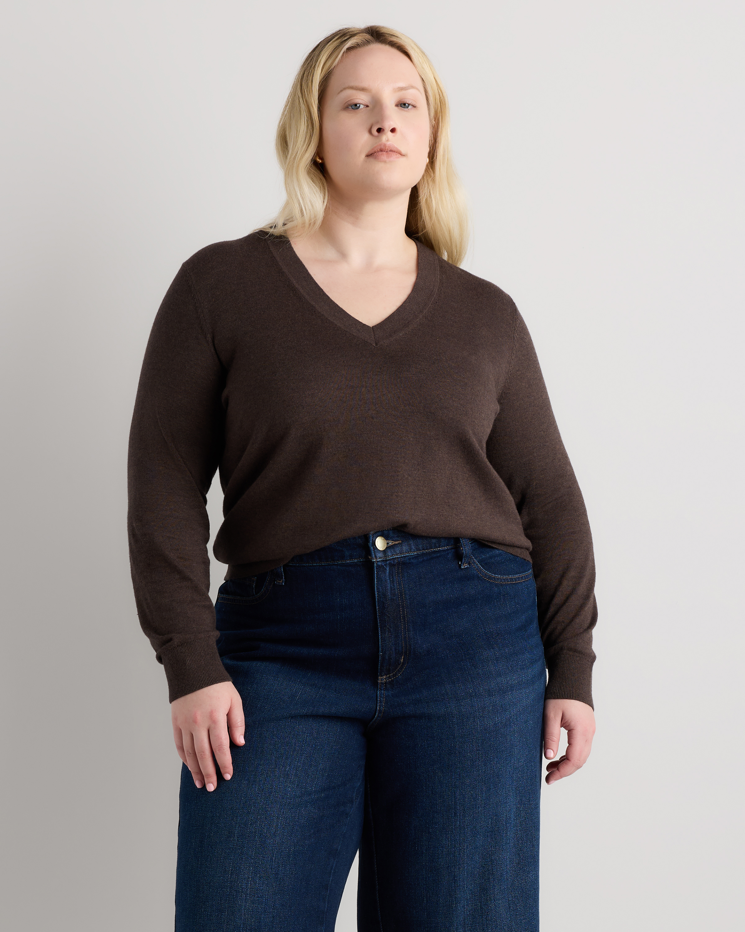Mocha Heather Lightweight Cotton Cashmere V-Neck Sweater