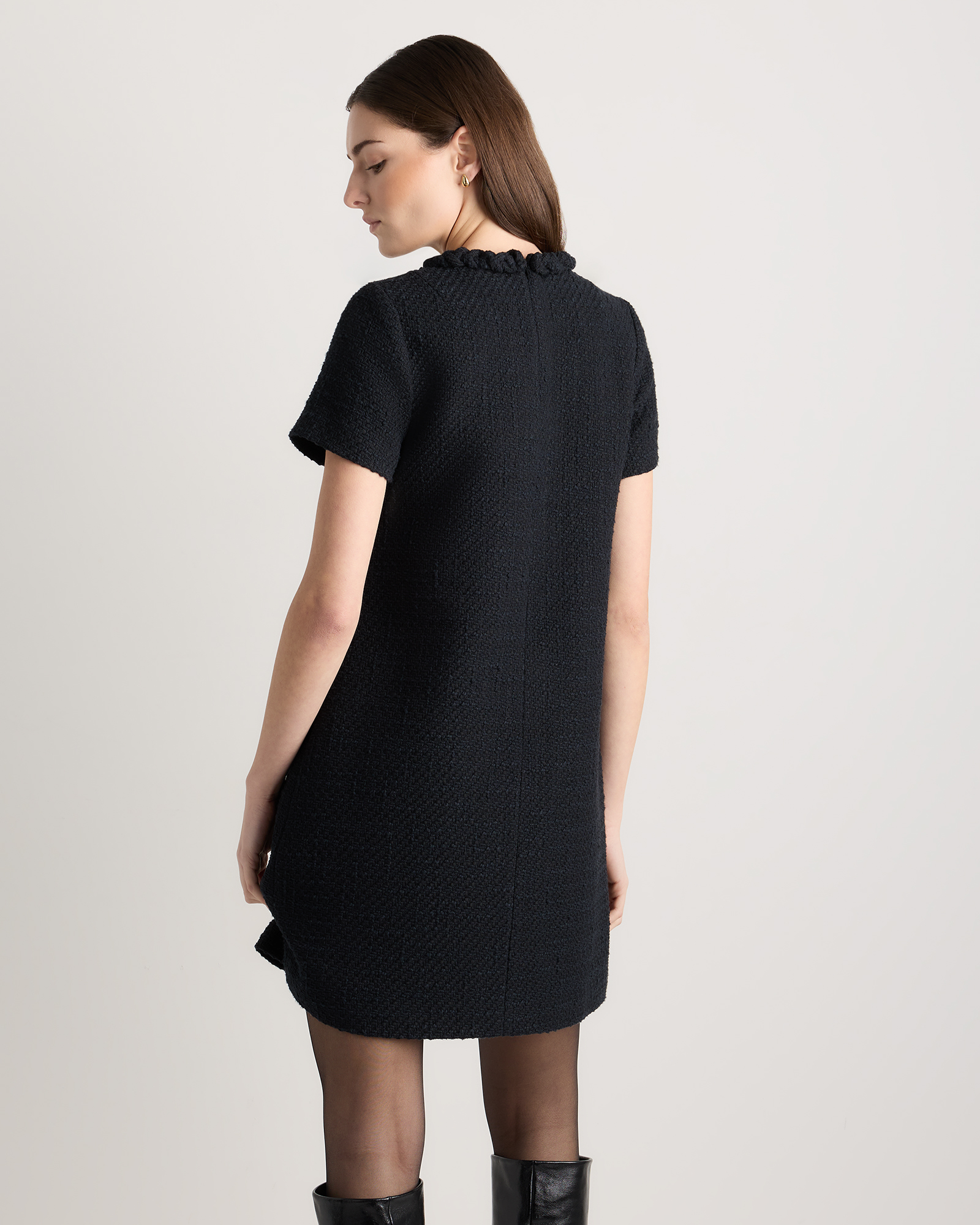 Tweed Short Sleeve Mini Dress in True Black