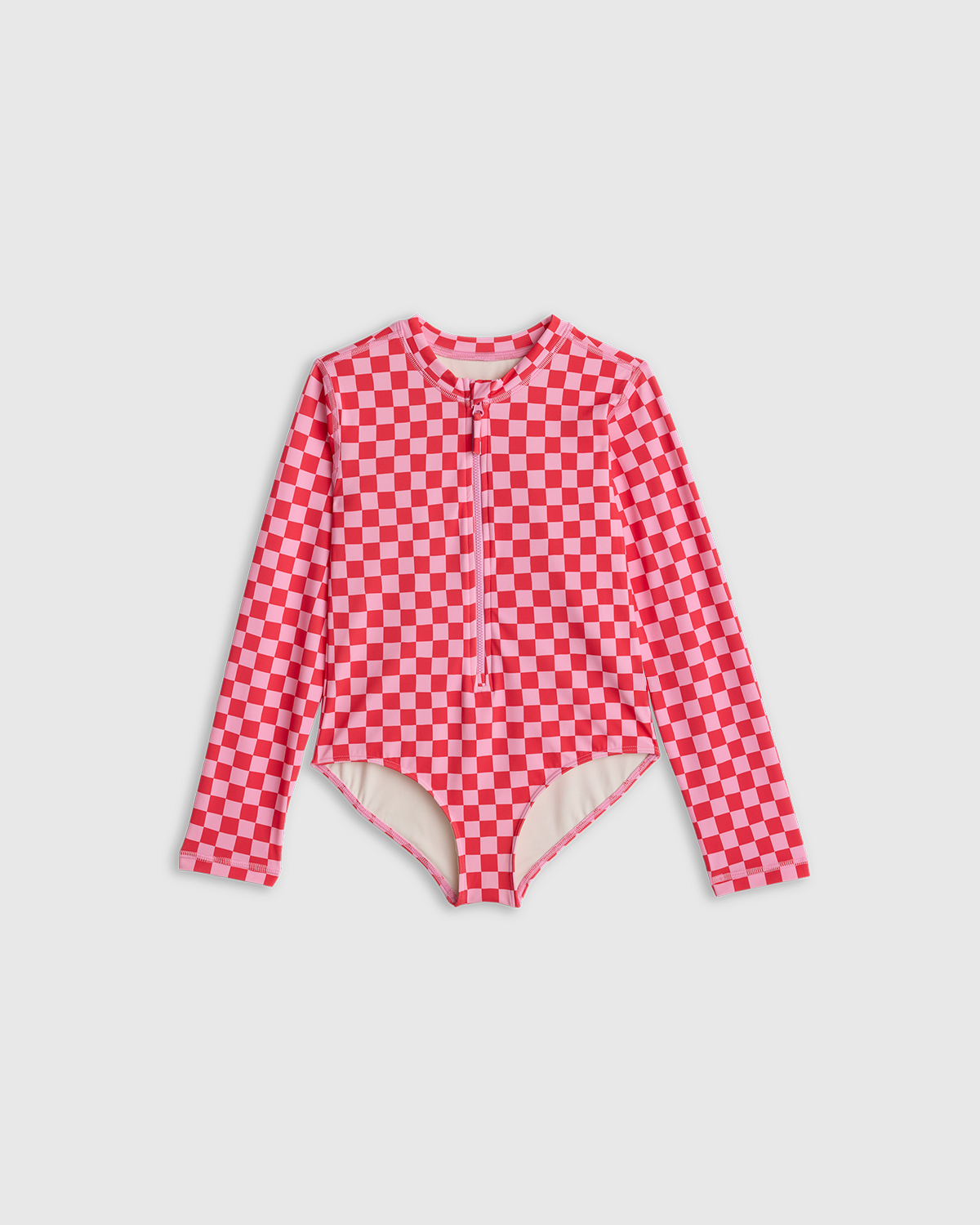 Quince Long Sleeve Zip-up Swimsuit In Pink Check