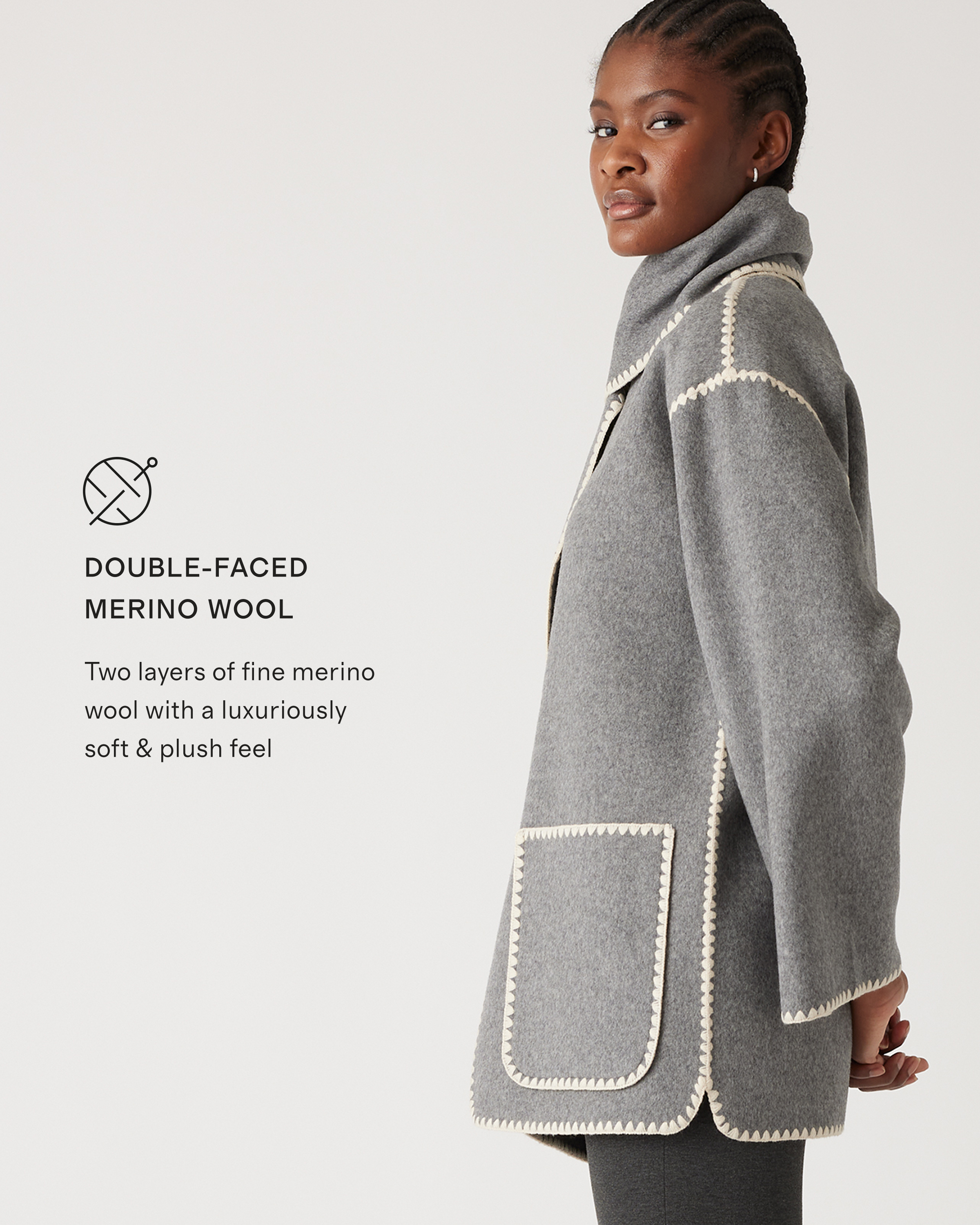 Double-Faced Merino Wool Scarf Coat in Heather Grey