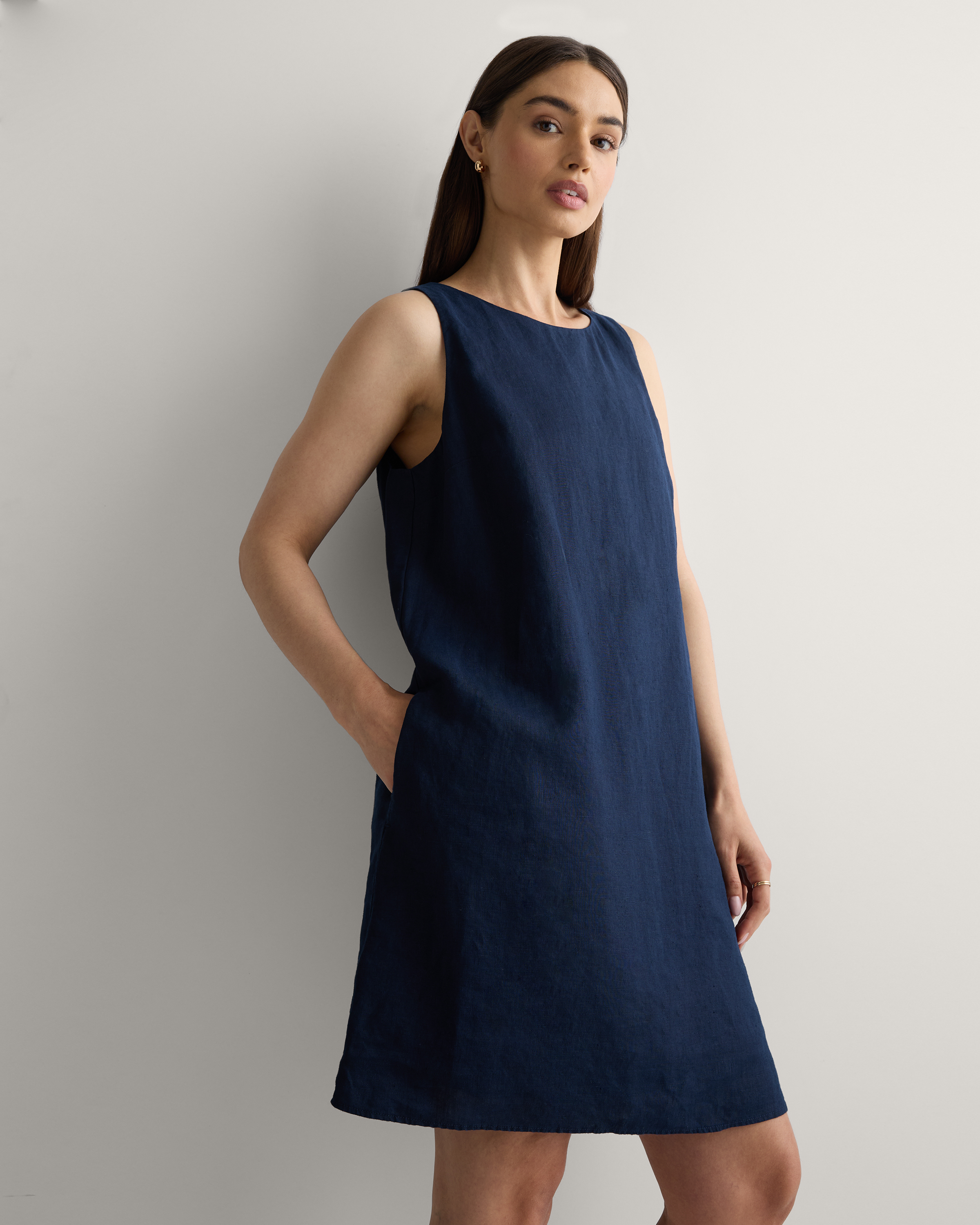 knee length dresses for ladies Dark Navy Stripe Linen Callahan Shirt Dress