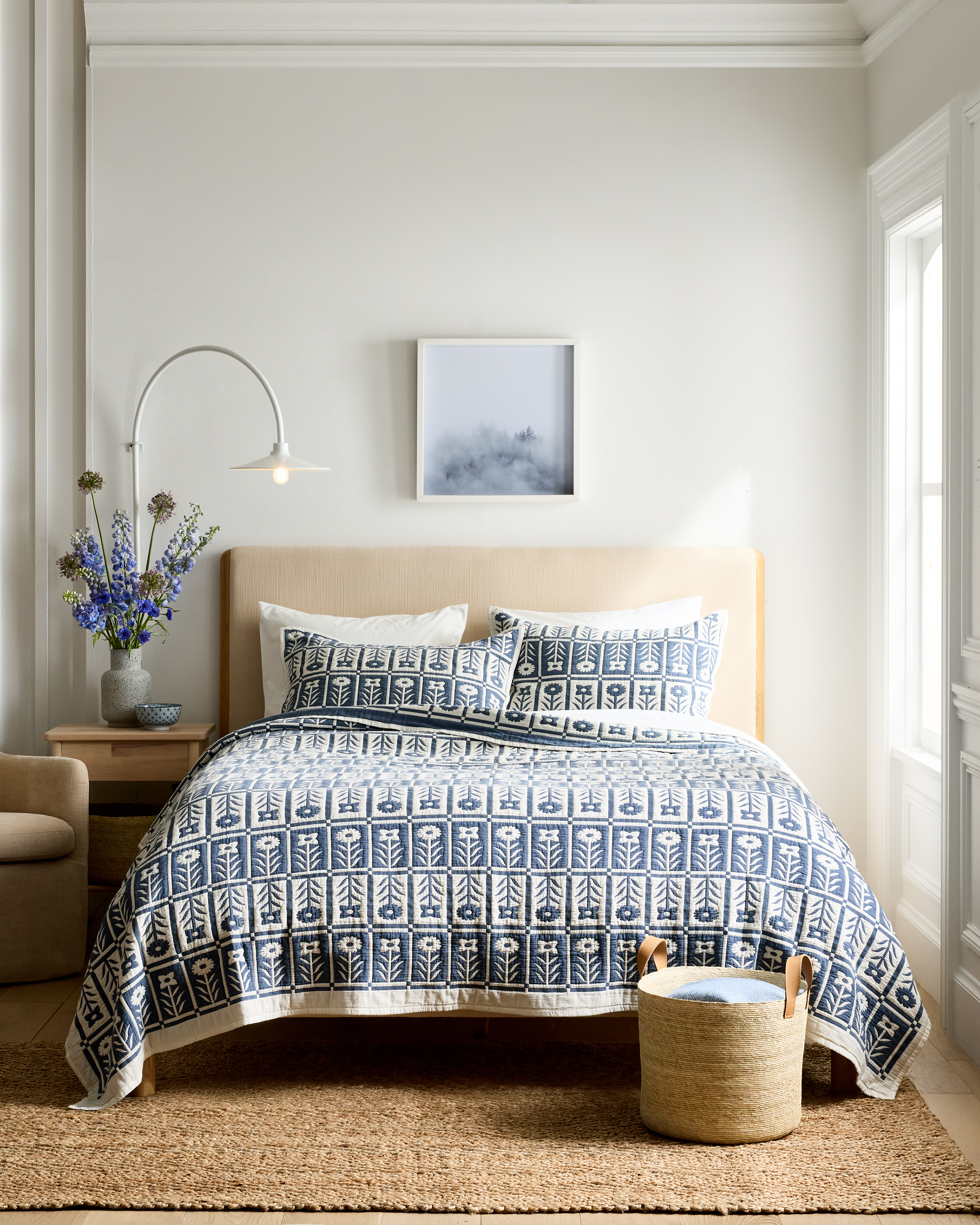 Glacier Blue Organic Cotton Jacquard Floral Coverlet Set