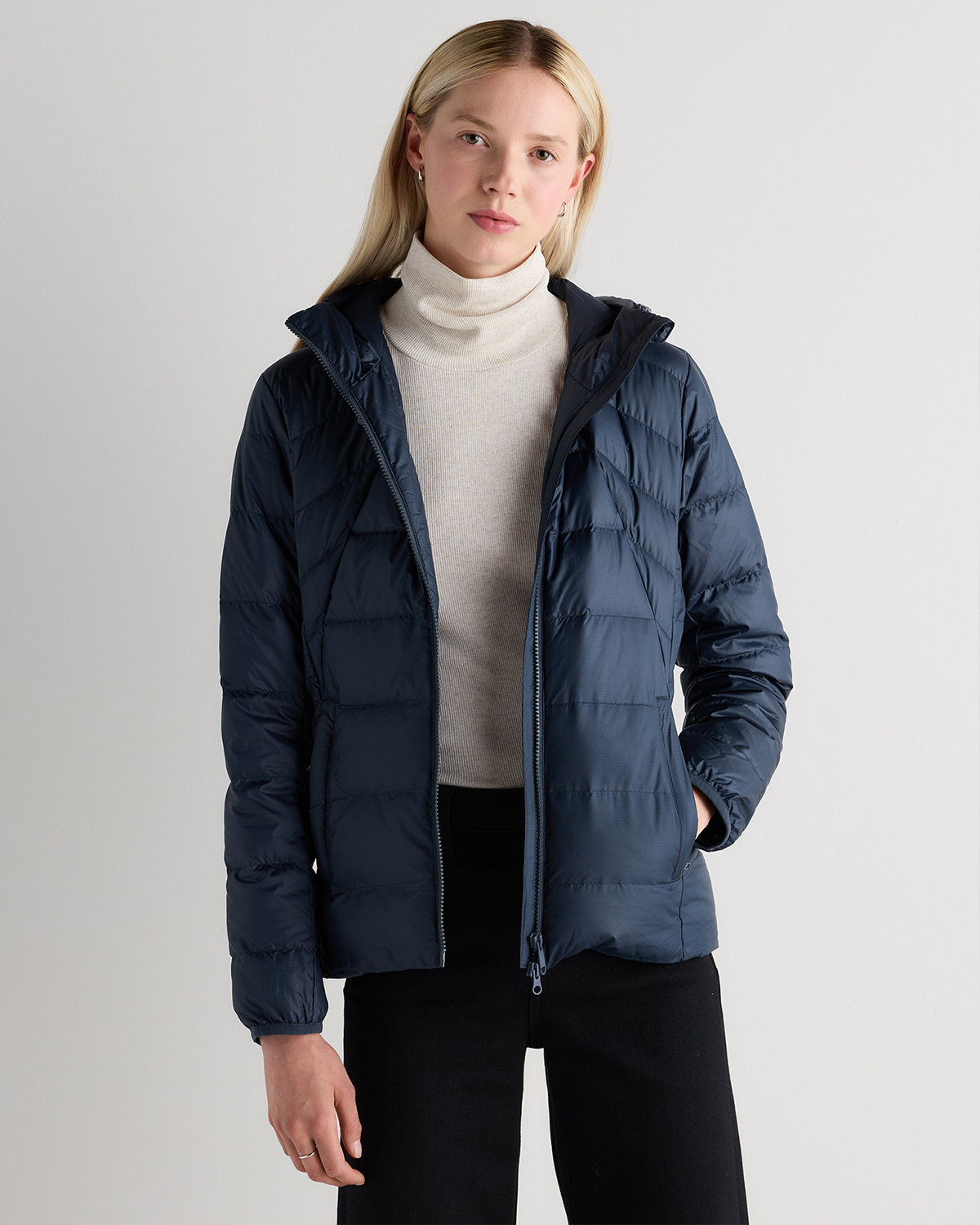 Atlas Navy Lightweight Down Packable Puffer Hooded Jacket