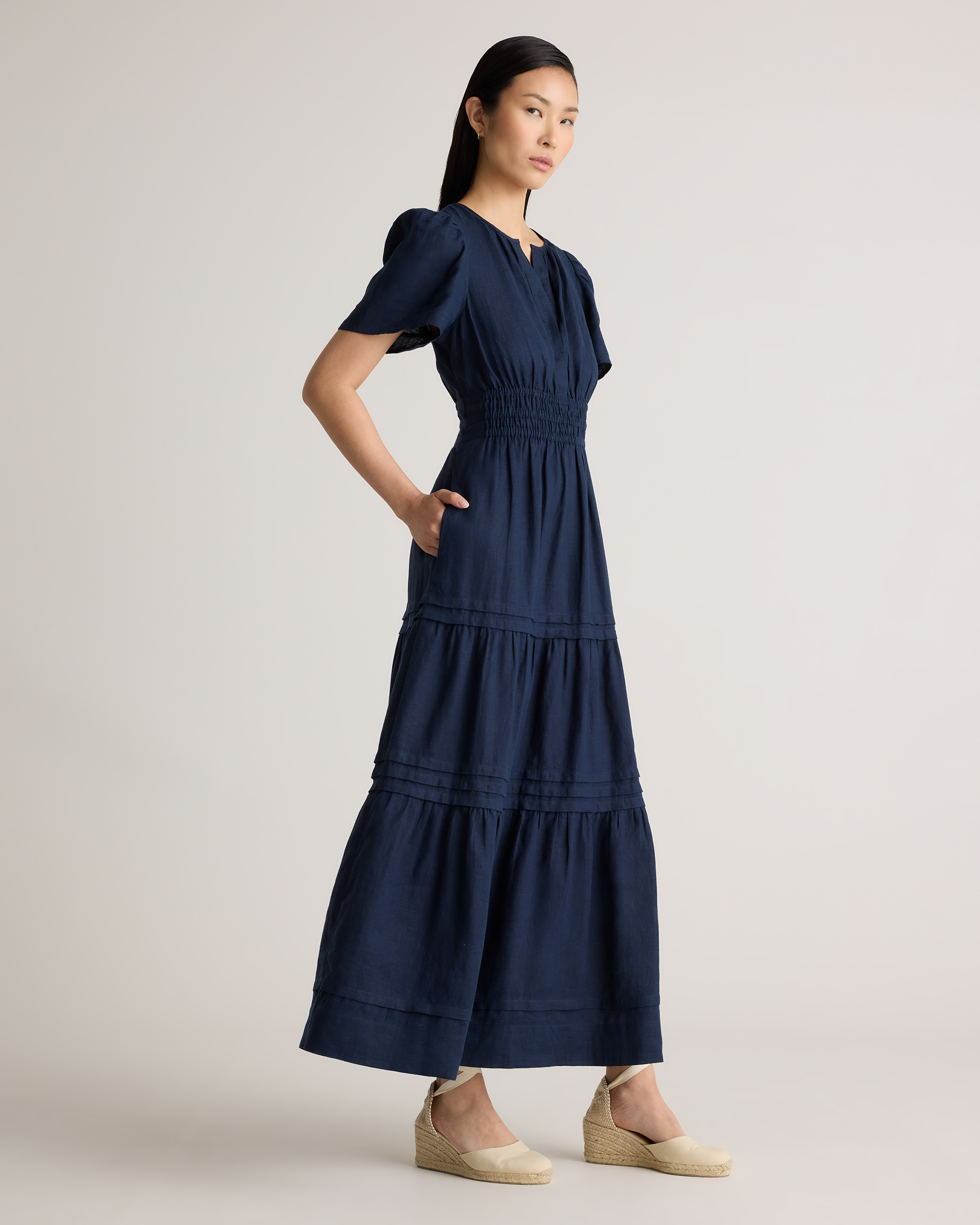 Women's 100% European Linen Tiered Maxi Dress in Deep Navy, Size XL by Quince
