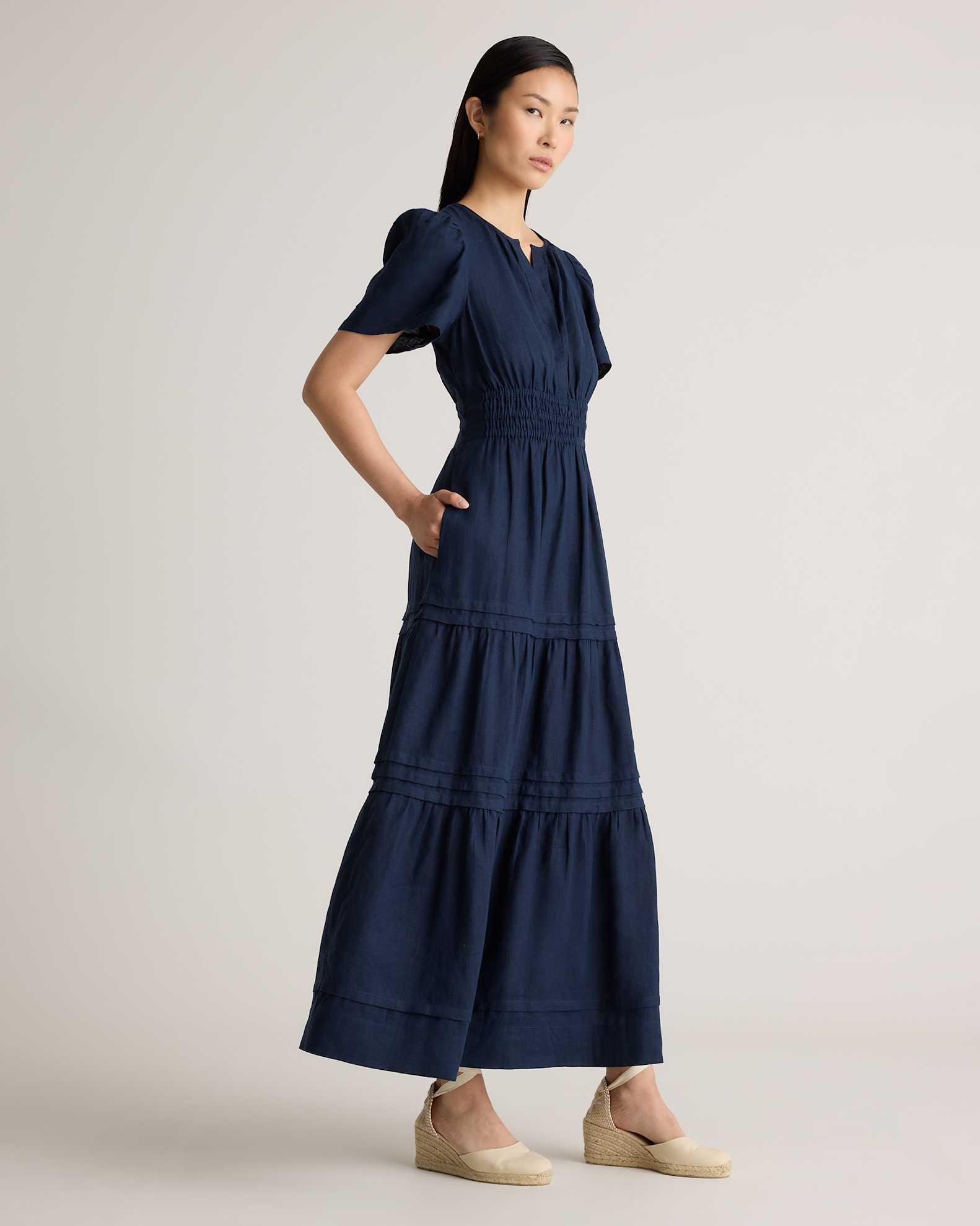 Women's 100% European Linen Tiered Maxi Dress in Deep Navy, Size XL by Quince Women's 100% European Linen Tiered Maxi Dress in Deep Navy, Size XL by Quince