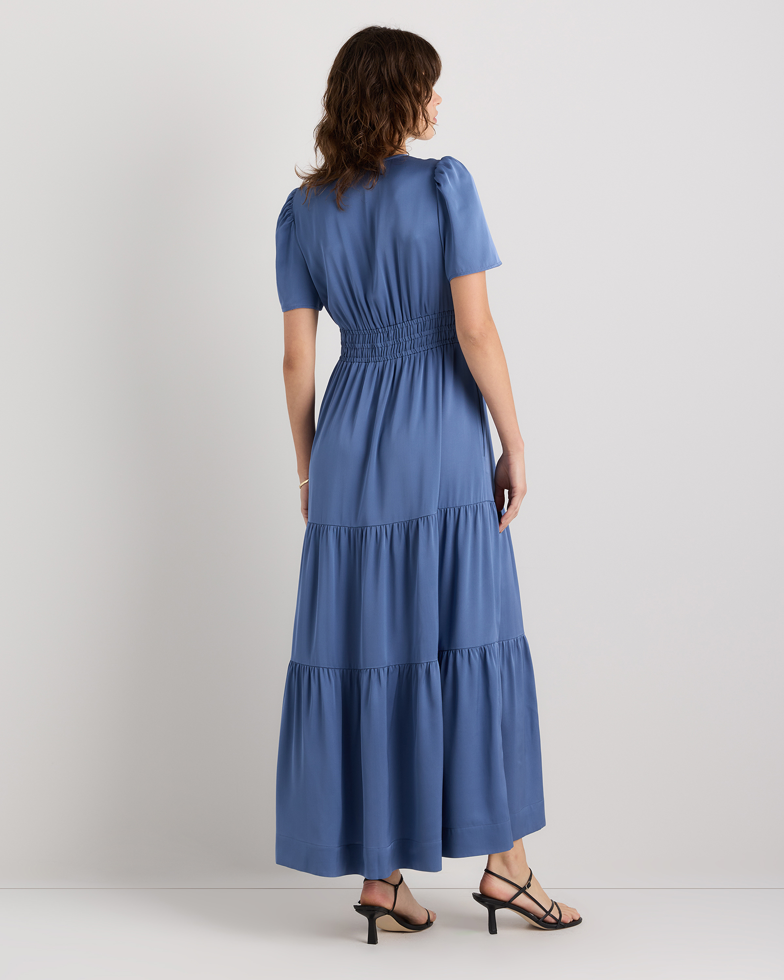 Washable Stretch Silk Tiered Maxi Dress in Moonstone Blue