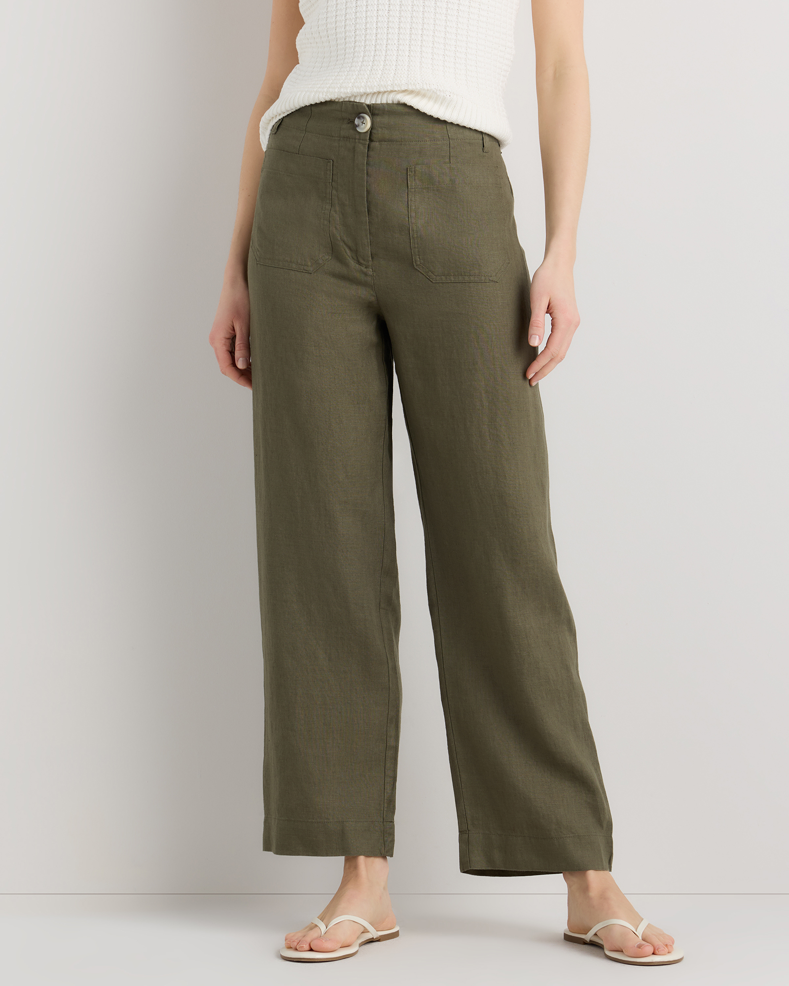 Bayberry Olive 100% European Linen Patch Pocket Wide Leg Pants