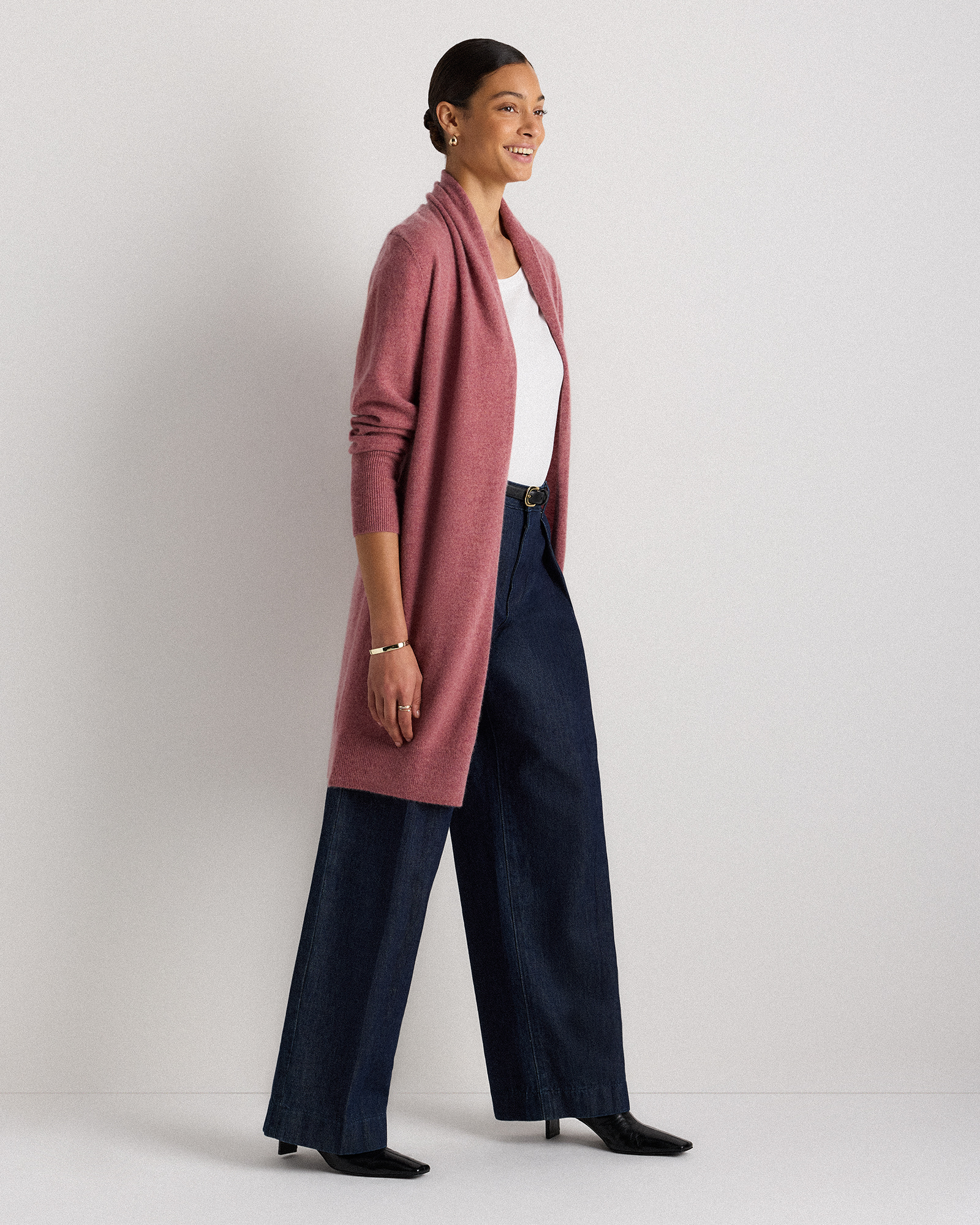 Mongolian Cashmere Duster Cardigan Sweater in Heather Shaded Rose Pink
