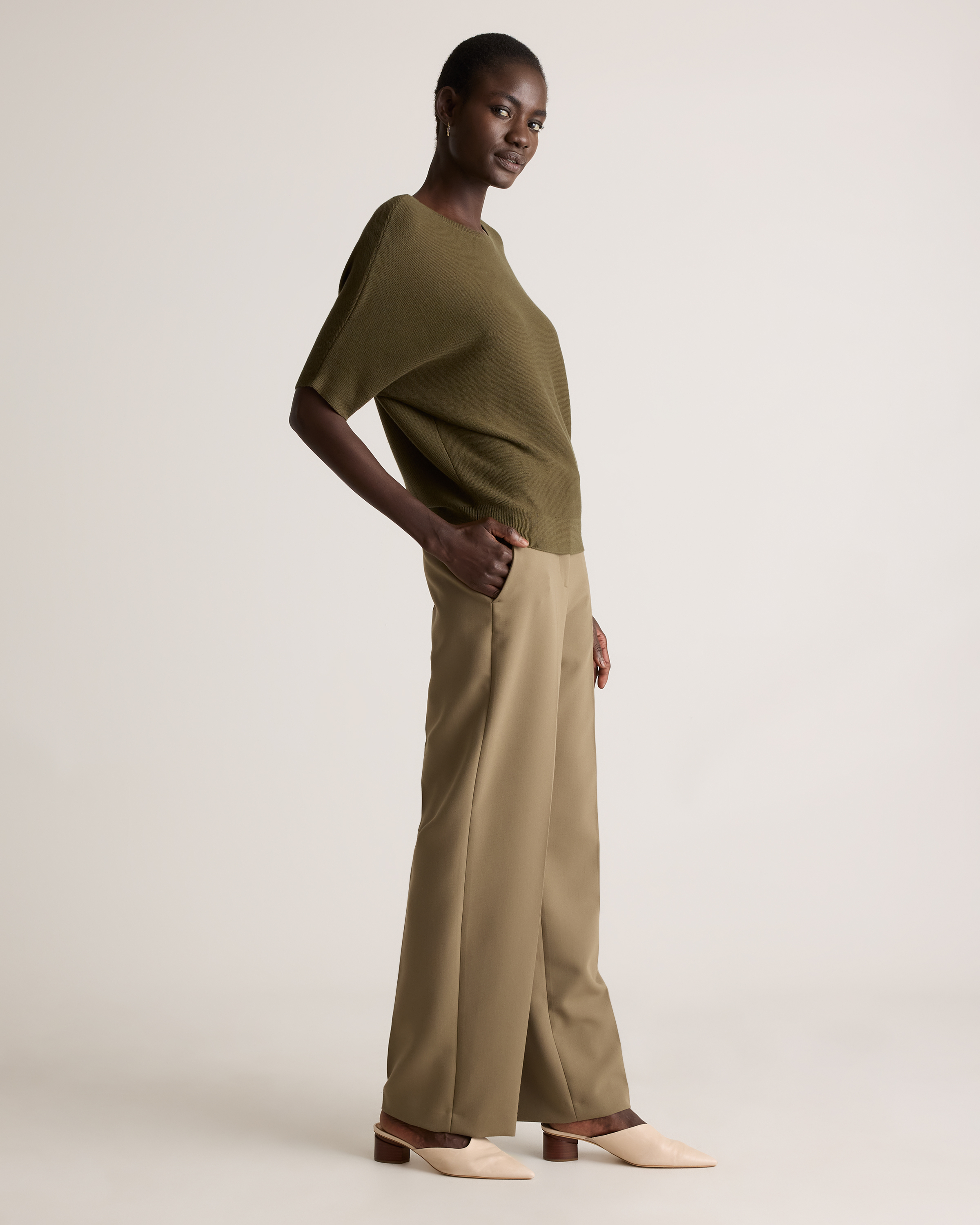 Lightweight Cotton Cashmere Link-Stitch Dolman Sweater in Olive