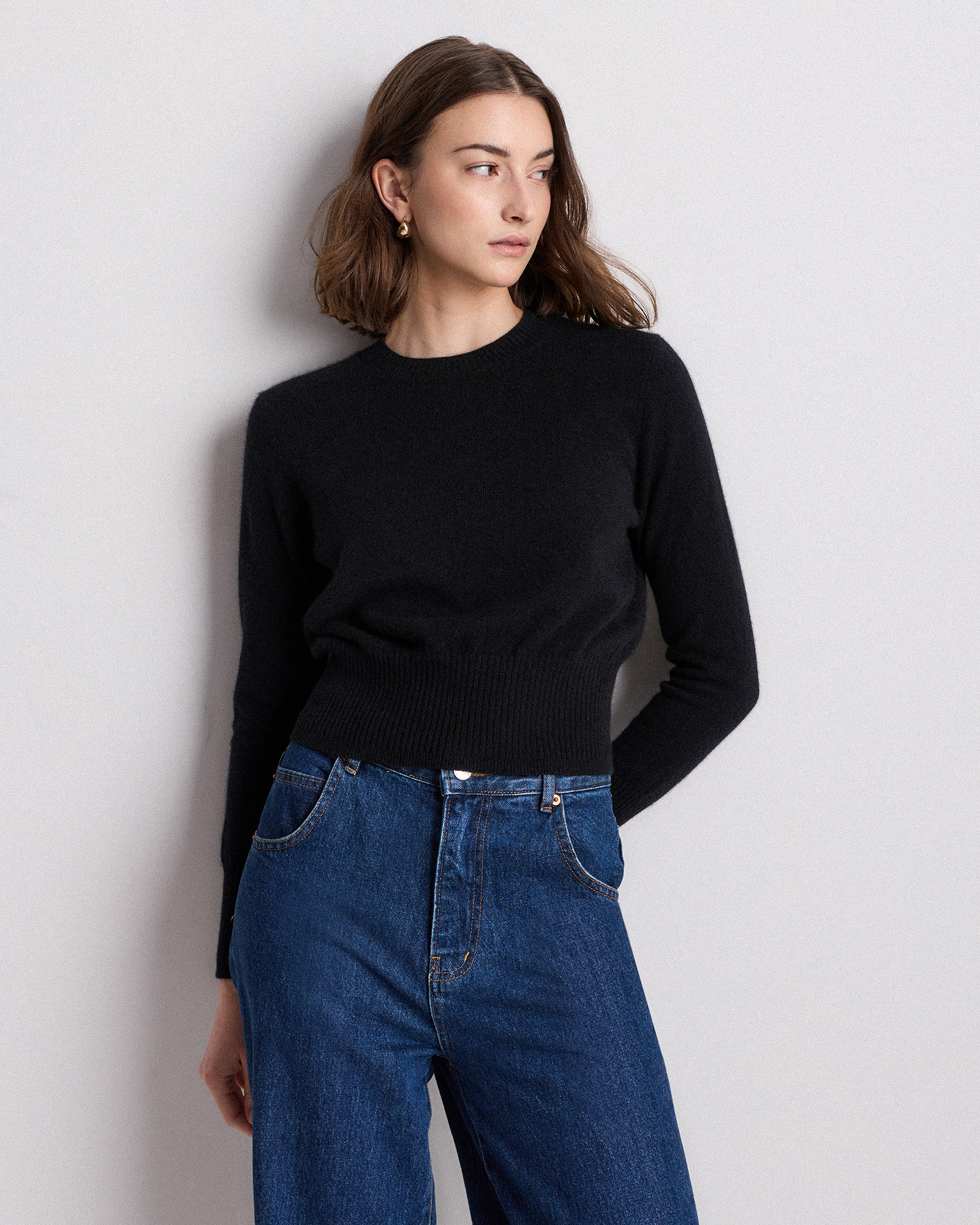 Black Mongolian Cashmere Shrunken Crewneck Sweater