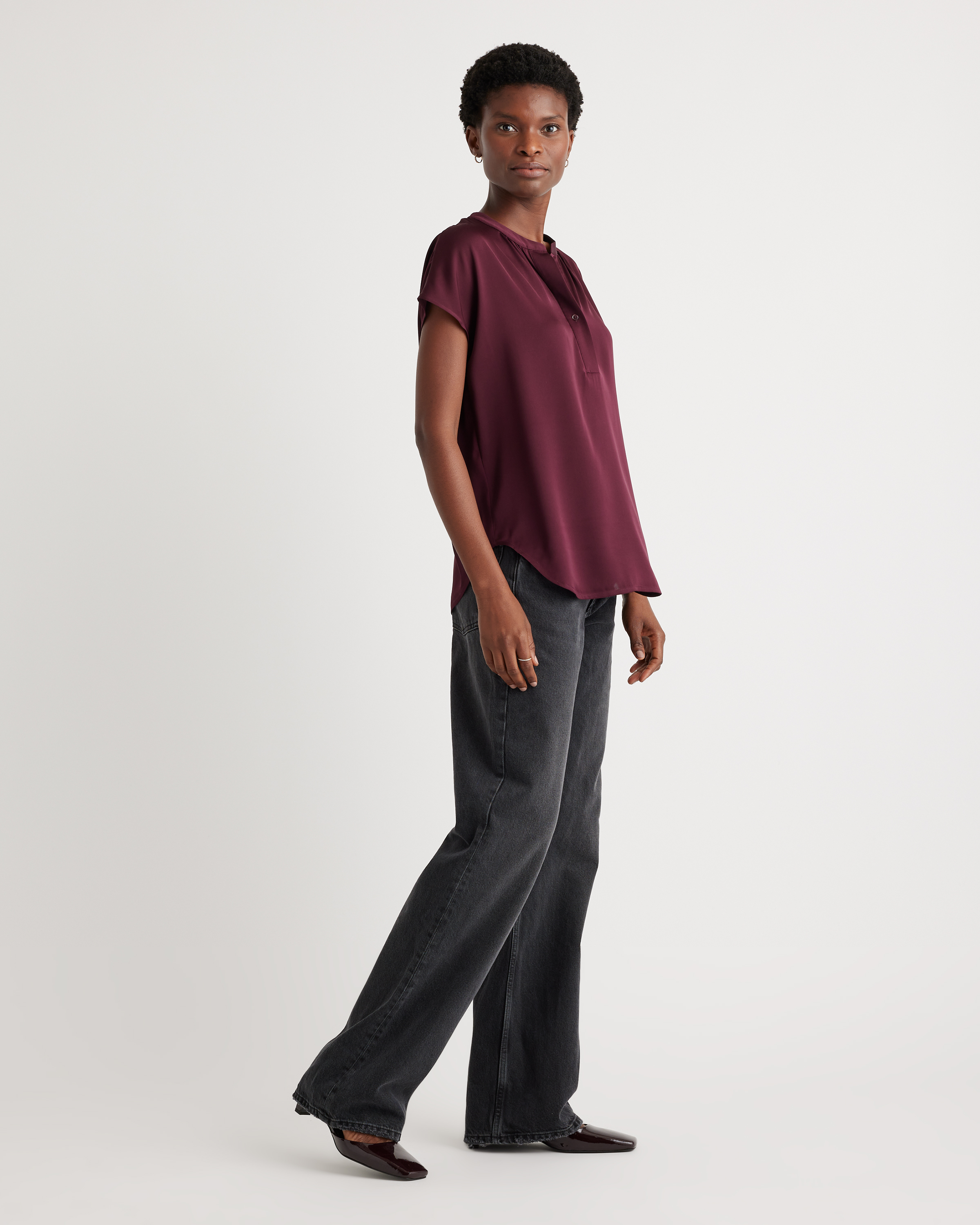 Women's Washable Stretch Silk Dolman Sleeve Blouse in Wine Tasting Red