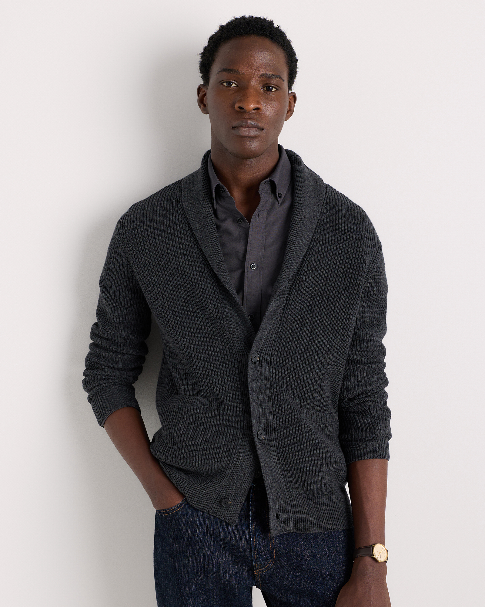 Charcoal 100% Organic Cotton Ribbed Shawl-Collar Cardigan Sweater