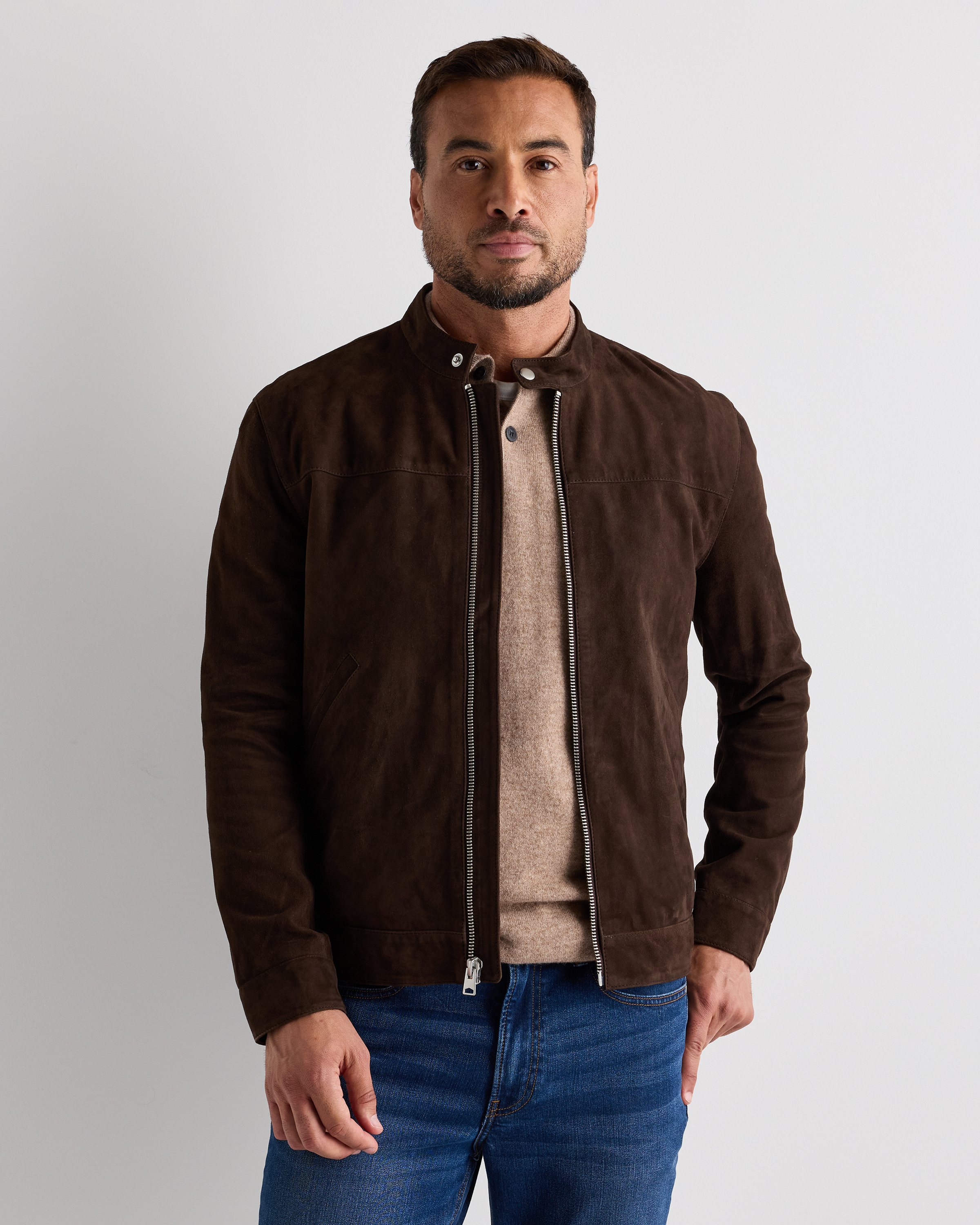 Espresso Brown 100% Suede Café Racer Jacket