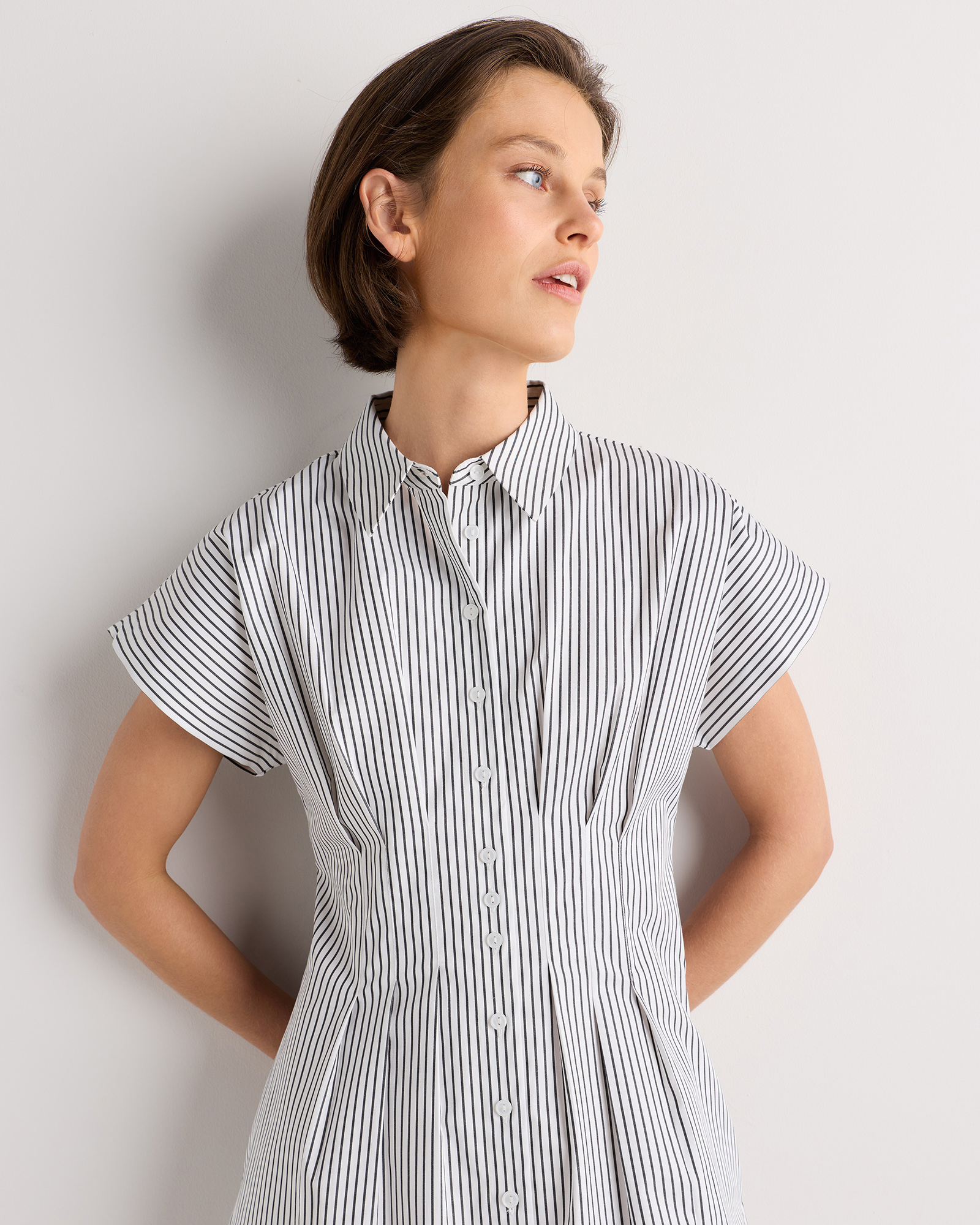 Stretch Twill Pleated Mini Shirt Dress in Steel Grey Soho Stripe