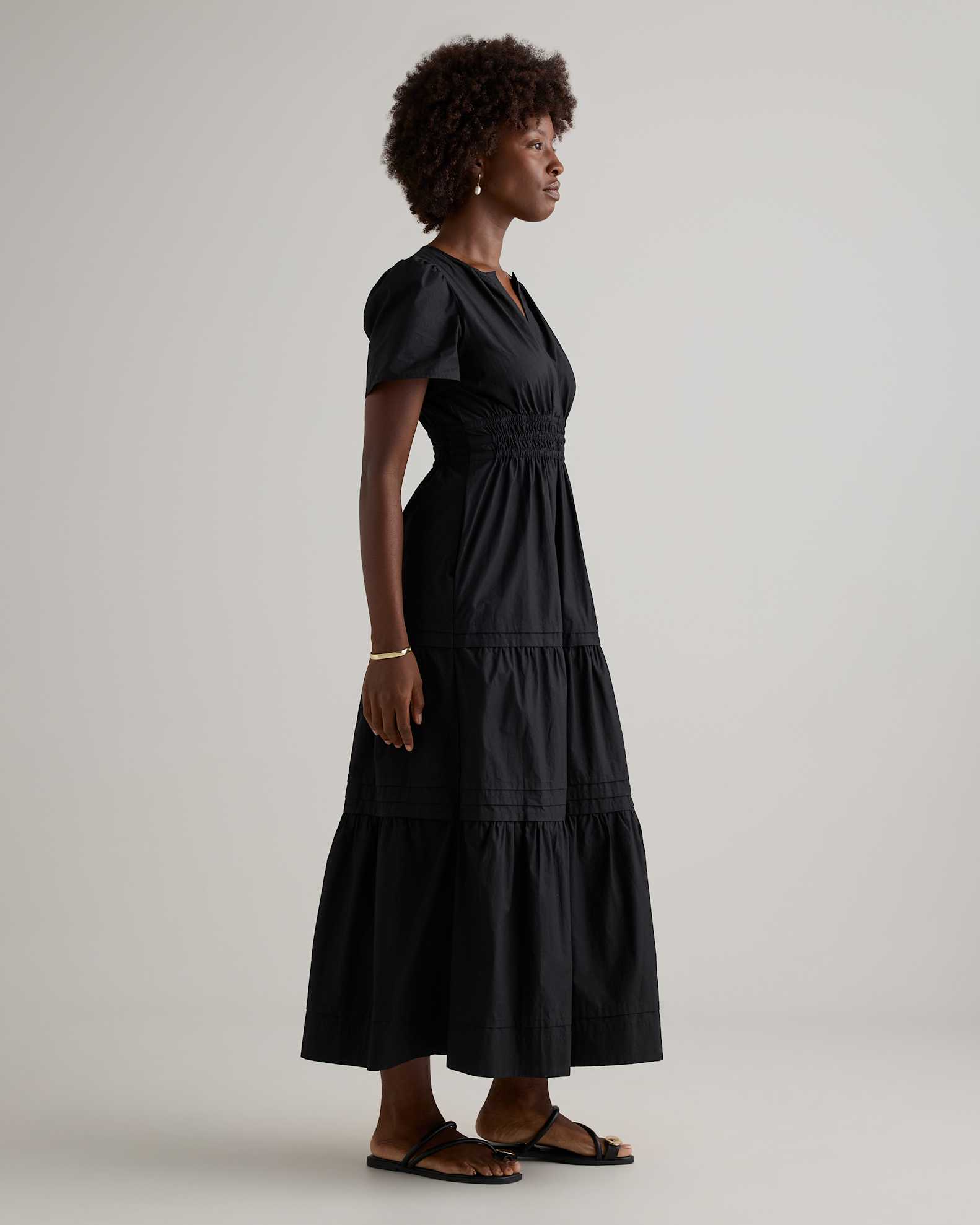 Quince Women's Poplin Tiered Maxi Dress, Black, Size XL - 100% Organic Cotton, V-Neck, Short Sleeves, Pocketed, Perfect for Summer Quince Women's Poplin Tiered Maxi Dress, Black, Size XL - 100% Organic Cotton, V-Neck, Short Sleeves, Pocketed, Perfect for Summer