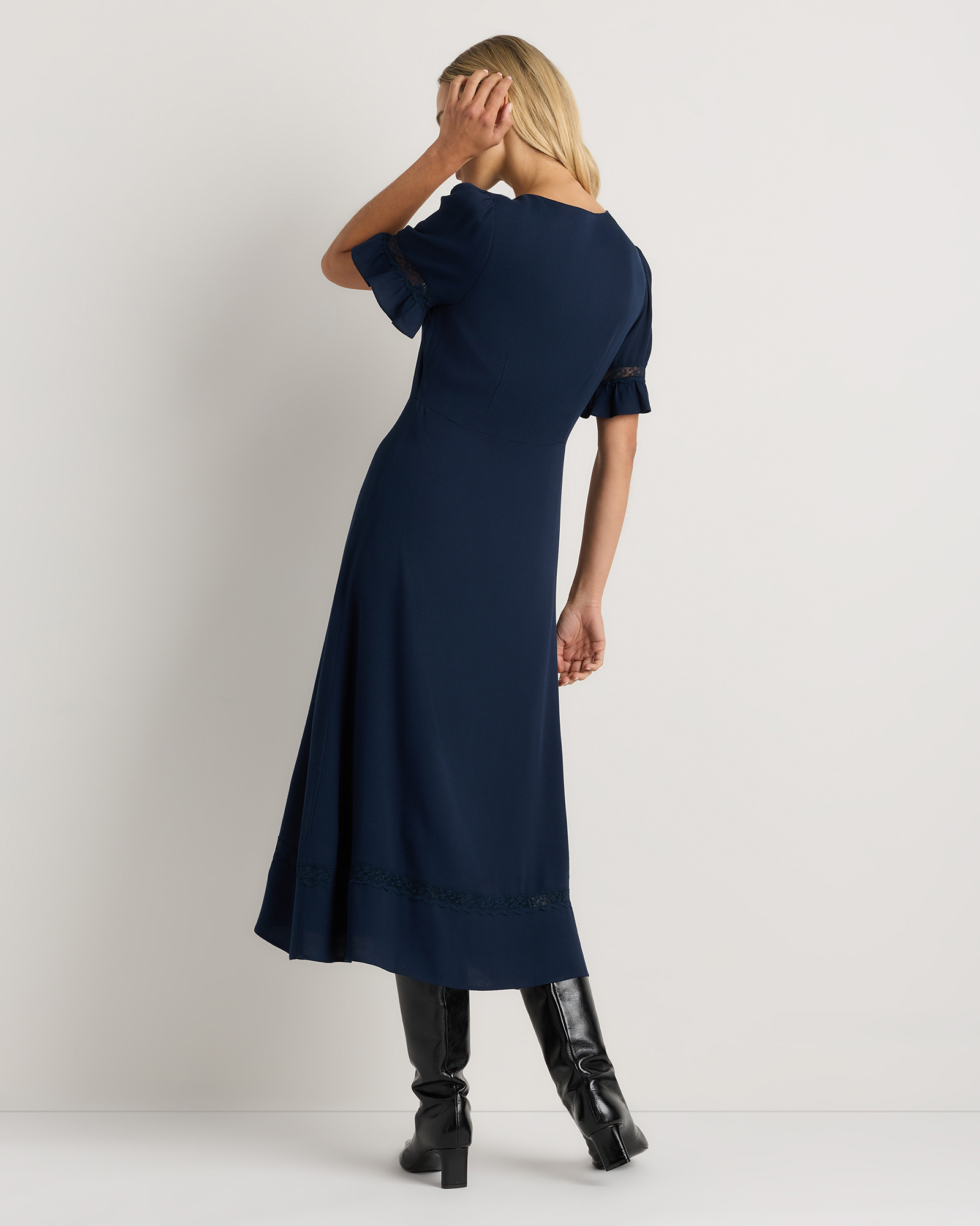 Women's Lightweight Crepe Lace Inset Midi Dress in Deep Navy, Size XS, Viscose by Quince