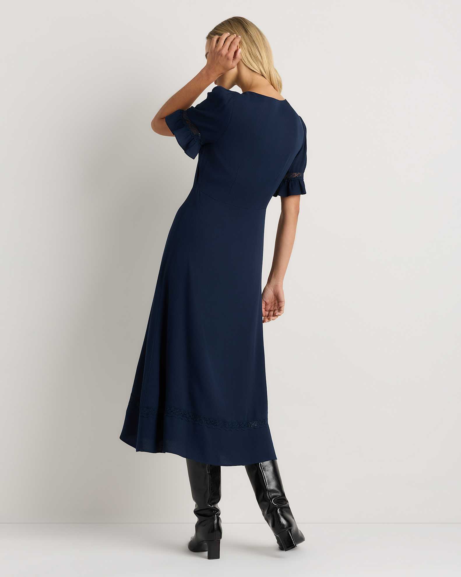 Women's Lightweight Crepe Lace Inset Midi Dress in Deep Navy, Size XS, Viscose by Quince Women's Lightweight Crepe Lace Inset Midi Dress in Deep Navy, Size XS, Viscose by Quince