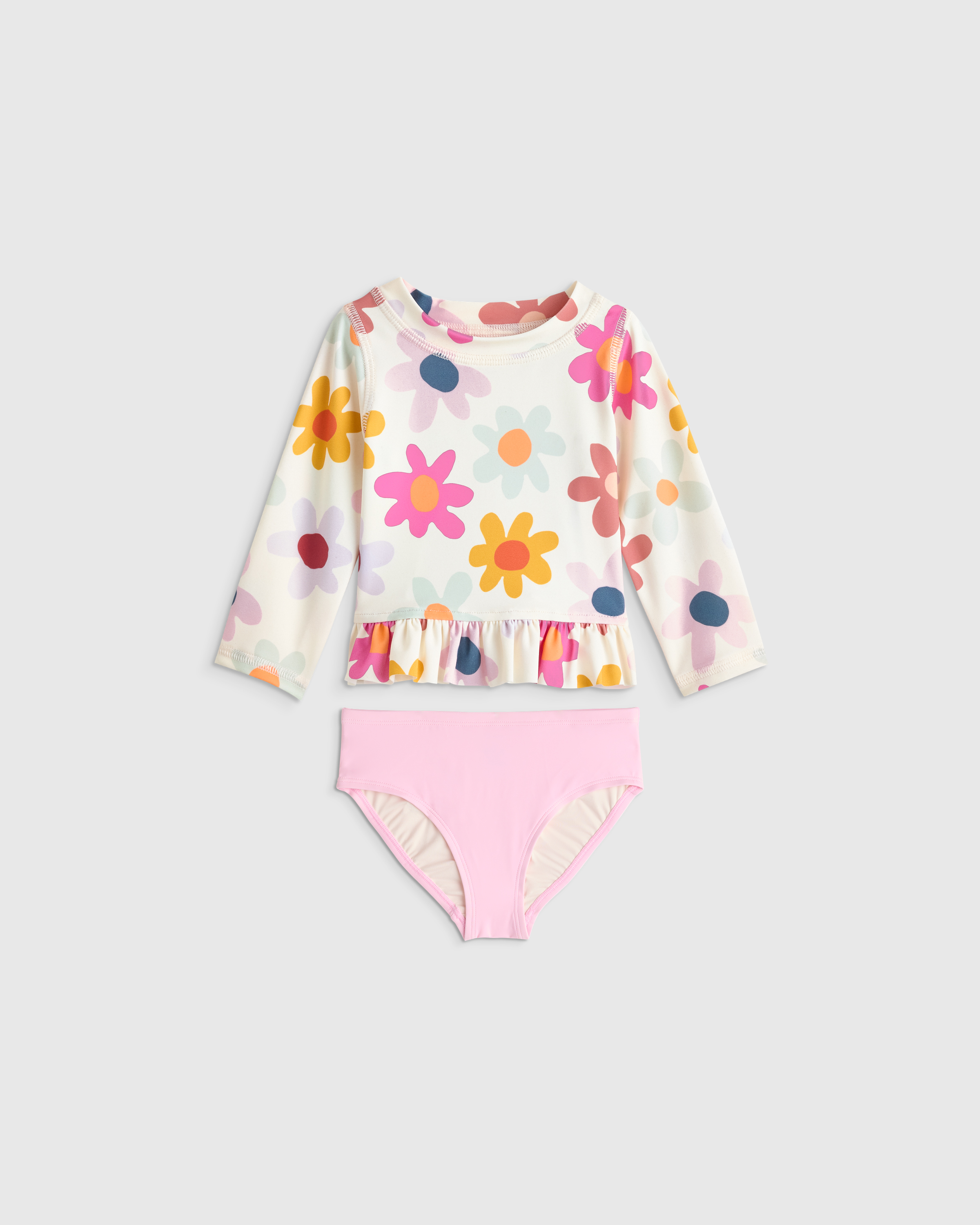 Happy Floral Long Sleeve Ruffle Rash Guard Two-Piece Swimsuit