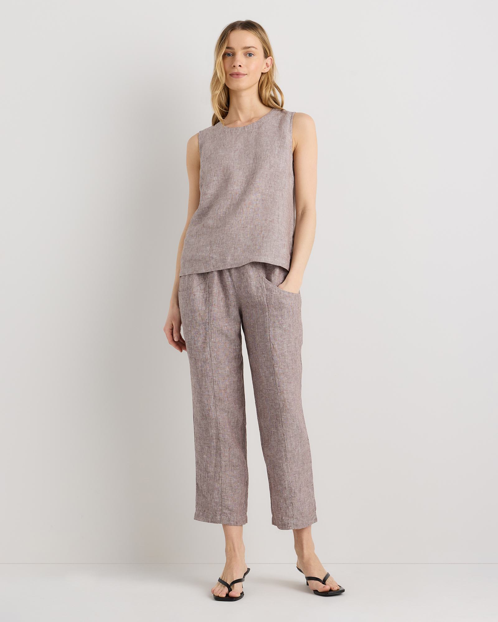 100% European Linen Tank in Taupe Brown Chambray
