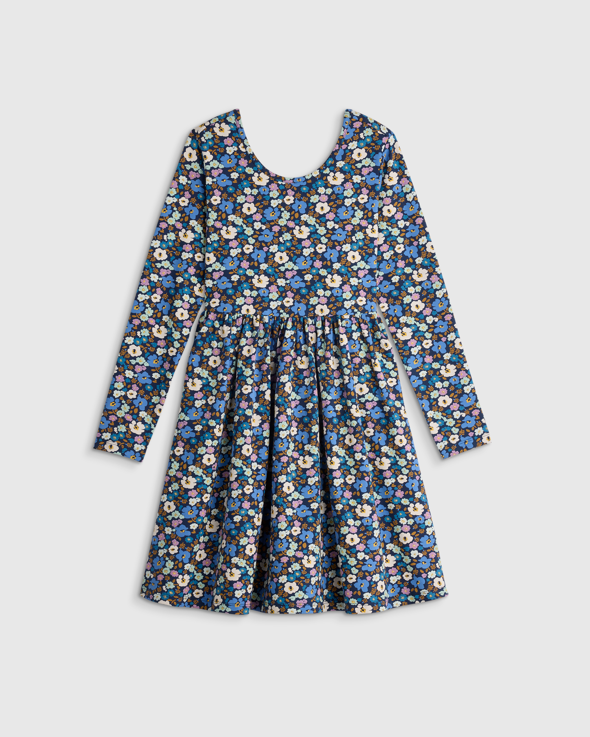 Blue Poppy Floral Organic Cotton Long Sleeve Skater Dress 