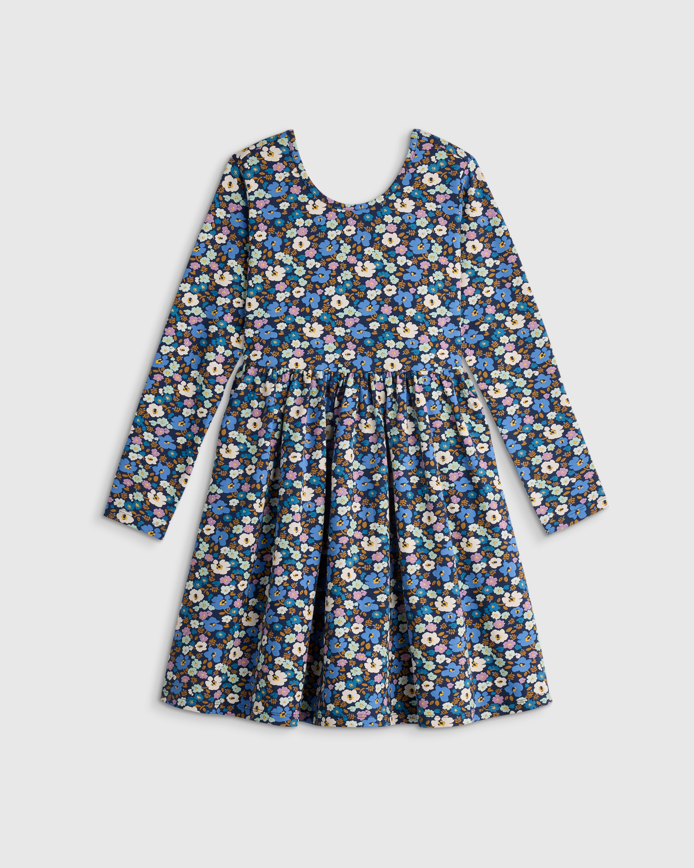 U--371 KID Organic Cotton Long Sleeve Skater Dress - Kid Girl Blue Poppy Floral 16196 CROPPED