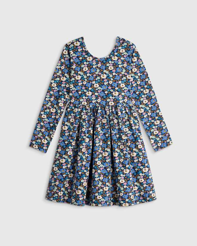 U--371 KID Organic Cotton Long Sleeve Skater Dress - Kid Girl Blue Poppy Floral 16196 CROPPED