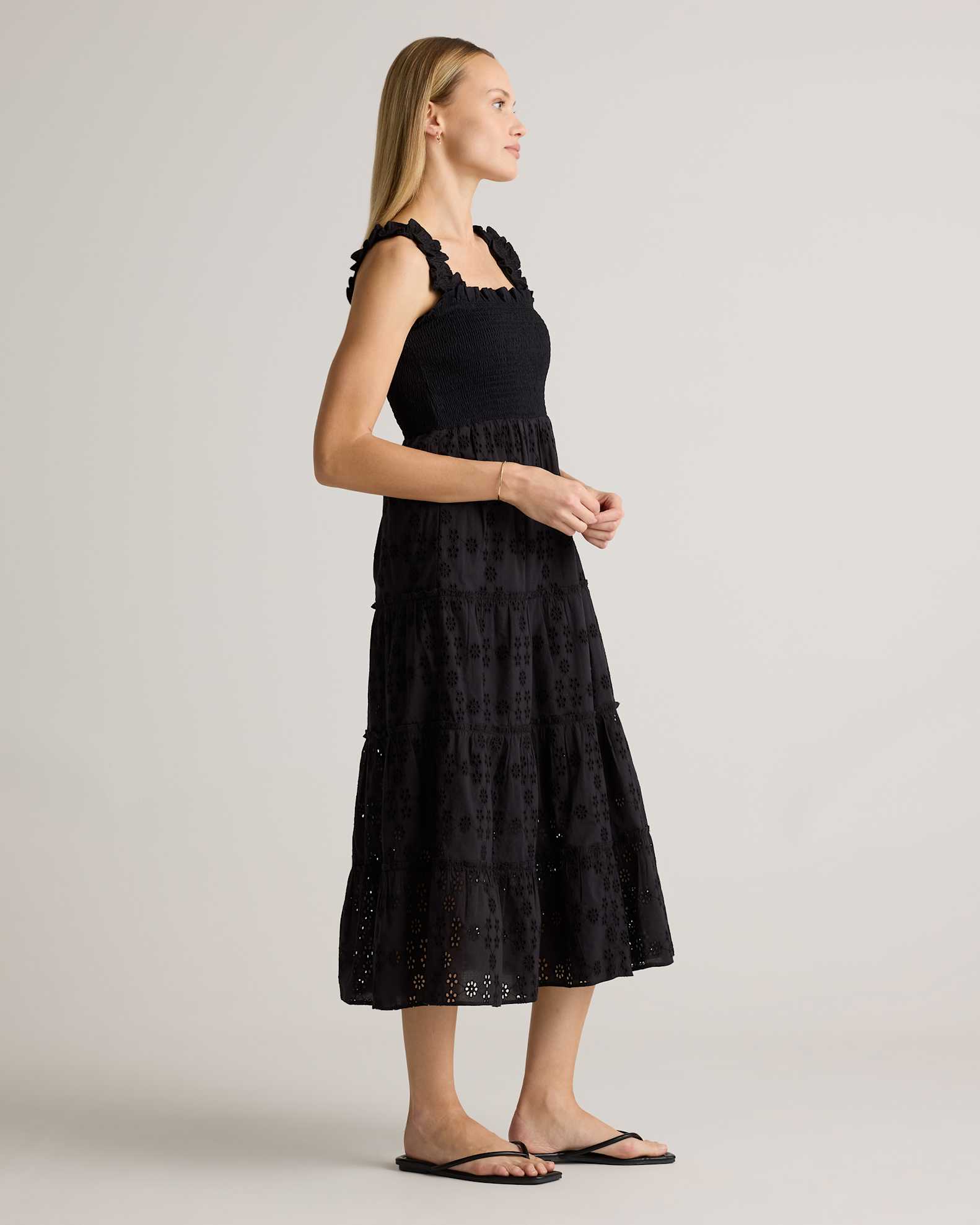 100% Organic Cotton Eyelet Smocked Midi Dress in Black 100% Organic Cotton Eyelet Smocked Midi Dress in Black