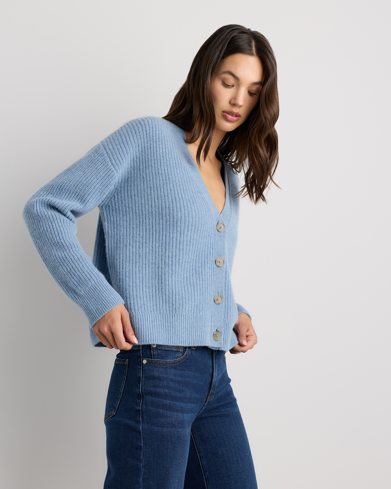 Mongolian Cashmere Fisherman Cropped Boxy Cardigan Sweater